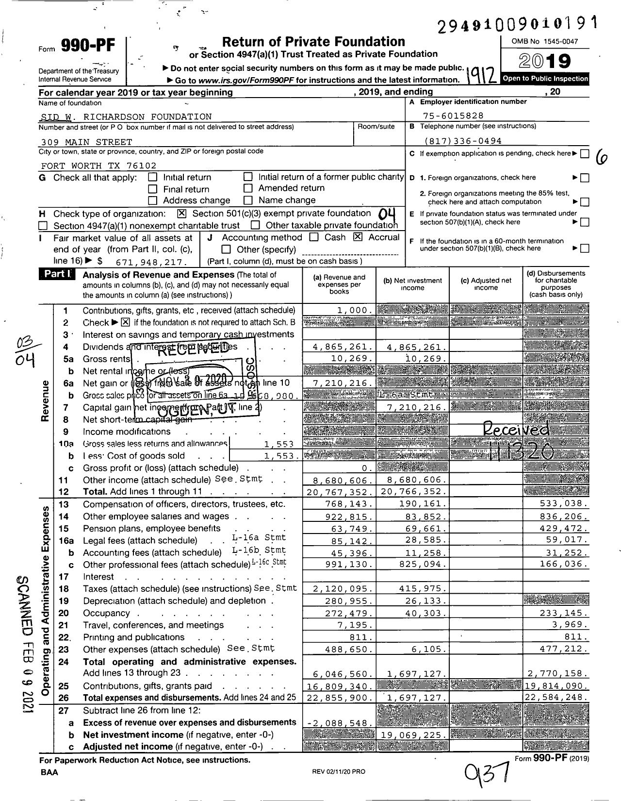 Image of first page of 2019 Form 990PF for Sid W Richardson Foundation