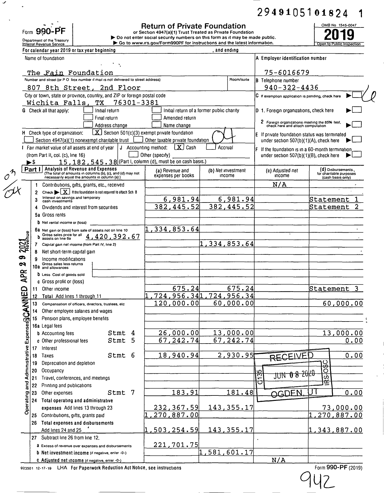 Image of first page of 2019 Form 990PF for The Fain Foundation