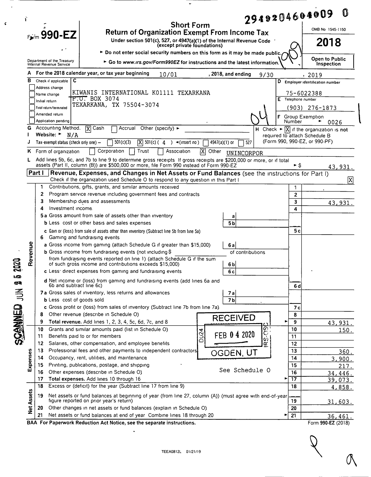 Image of first page of 2018 Form 990EO for Kiwanis International - K01111 Texarkana