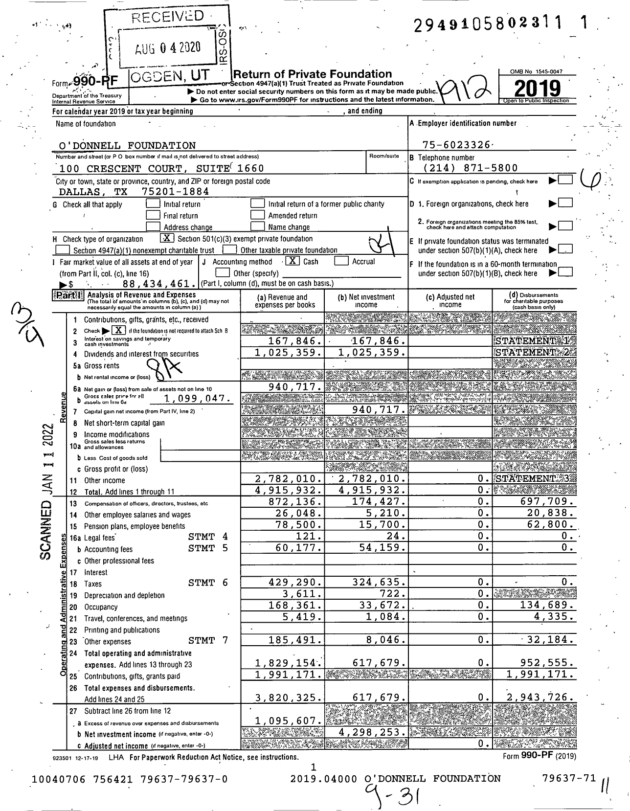 Image of first page of 2019 Form 990PF for O'donnell Foundation