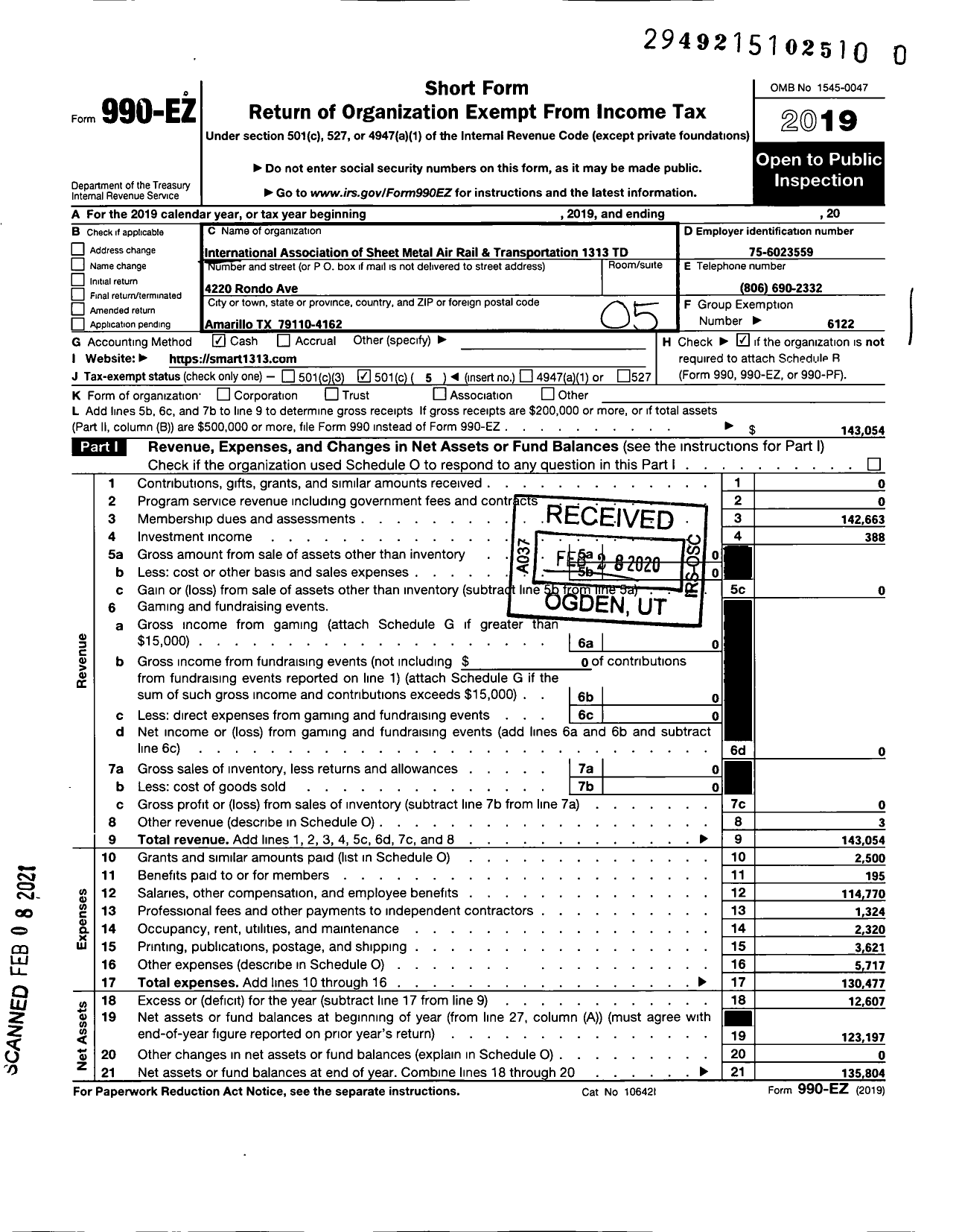 Image of first page of 2019 Form 990EO for Smart Union - 1313 TD
