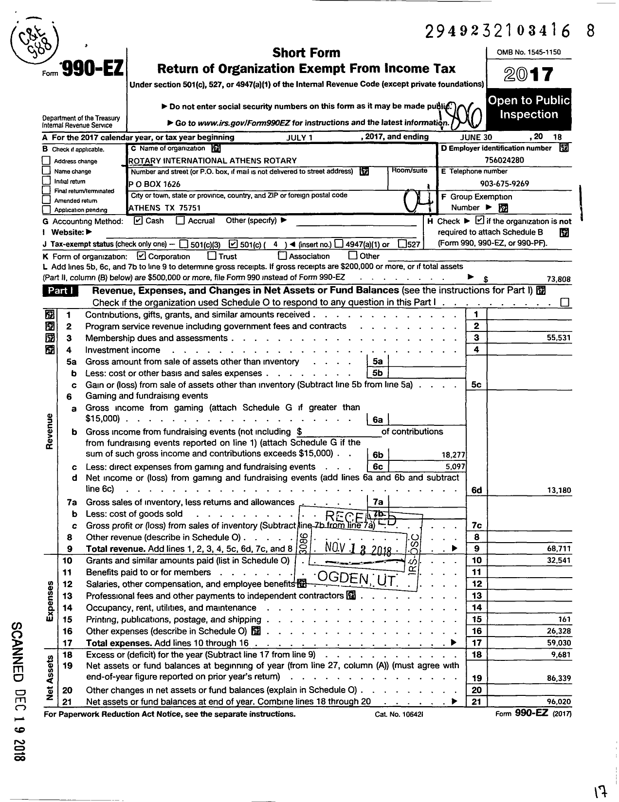 Image of first page of 2017 Form 990EO for Rotary International - Athens Rotary