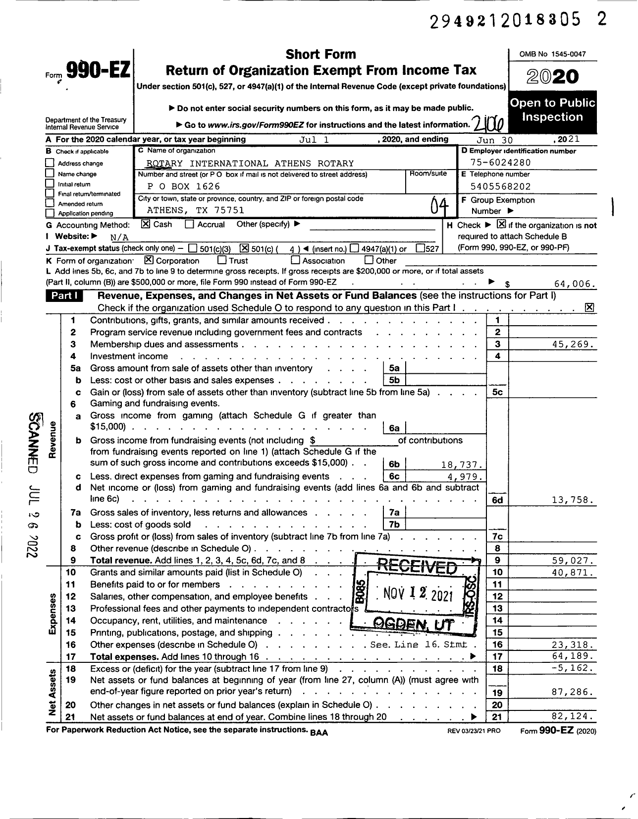 Image of first page of 2020 Form 990EO for Rotary International - Athens Rotary