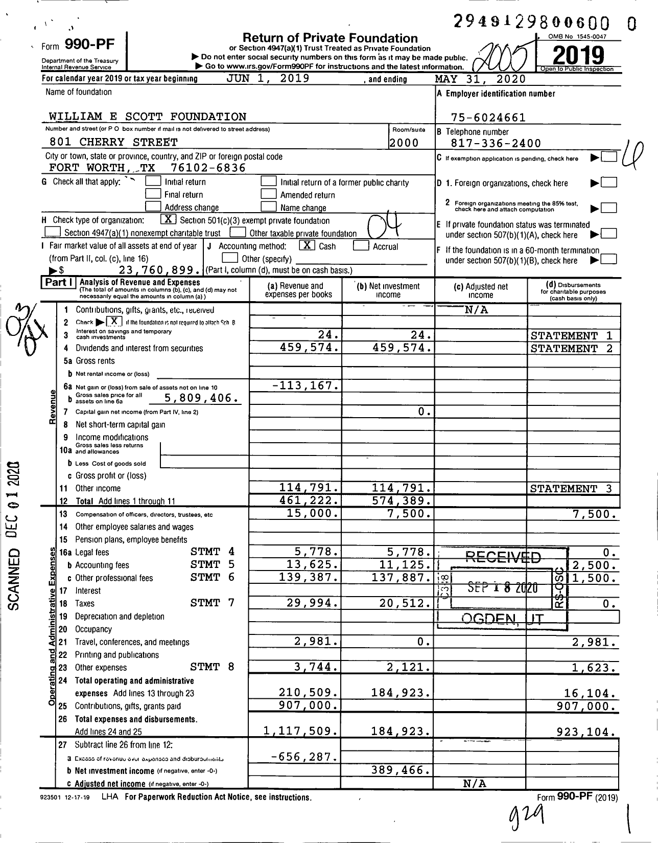 Image of first page of 2019 Form 990PF for William E Scott Foundation