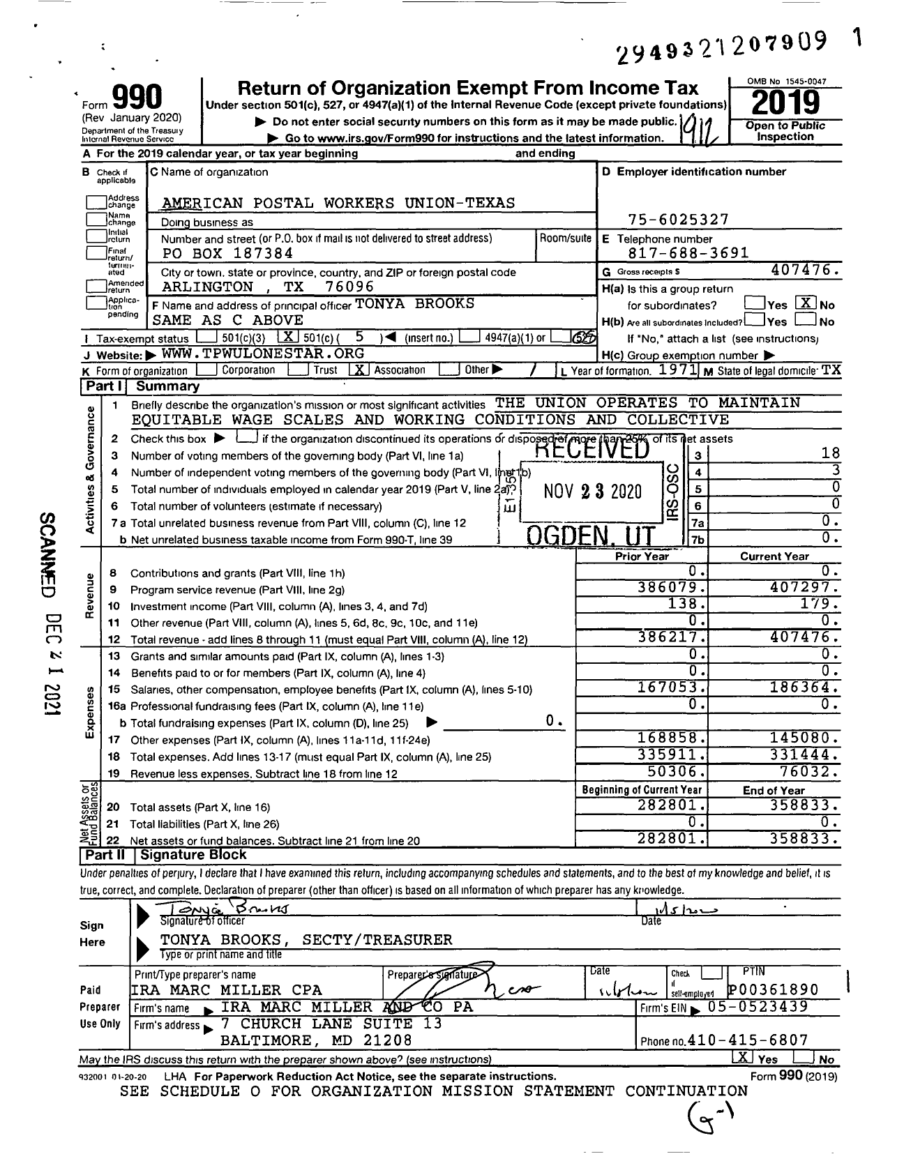 Image of first page of 2019 Form 990O for American Postal Workers Union - TX Postal Workers Union