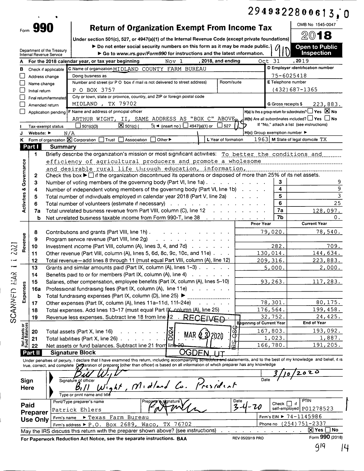 Image of first page of 2018 Form 990O for Midland County Farm Bureau