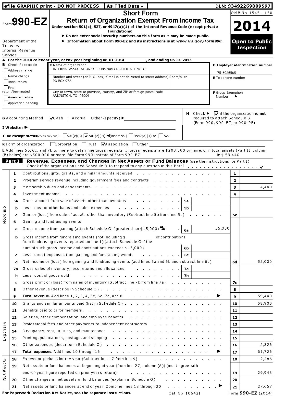 Image of first page of 2014 Form 990EO for Lions Clubs - 904 Arlington Greater Arlington