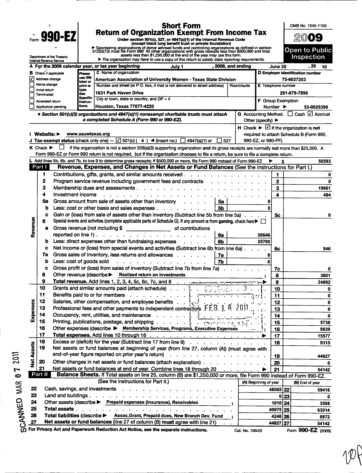 Image of first page of 2009 Form 990EO for State of Texas Aauw