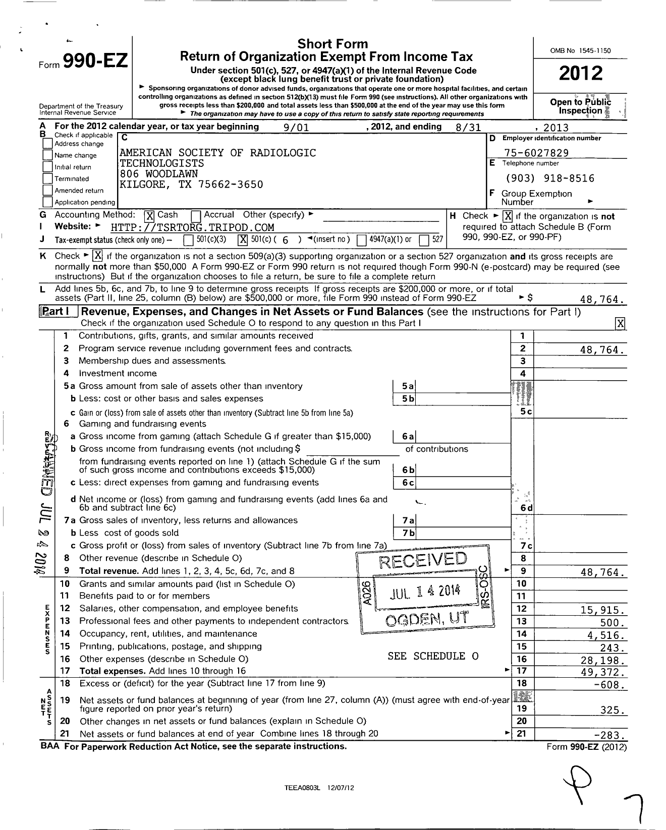 Image of first page of 2012 Form 990EO for American Society of Radiologic Technologists / Texas Society