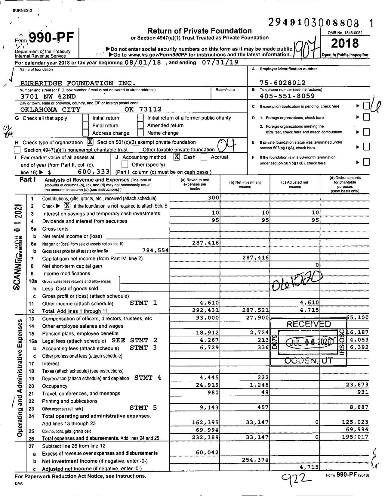 Image of first page of 2018 Form 990PF for Burbridge Foundation