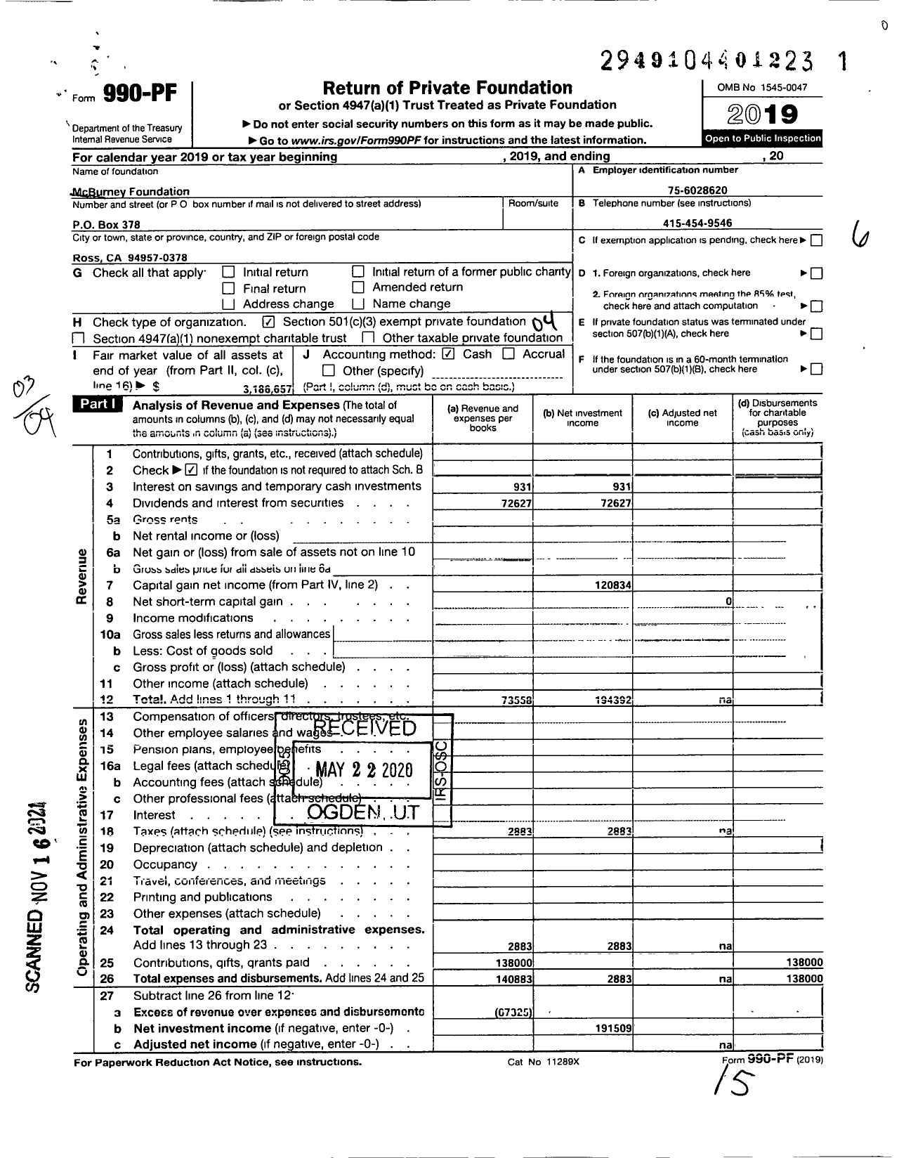 Image of first page of 2019 Form 990PF for Mcburney Foundation