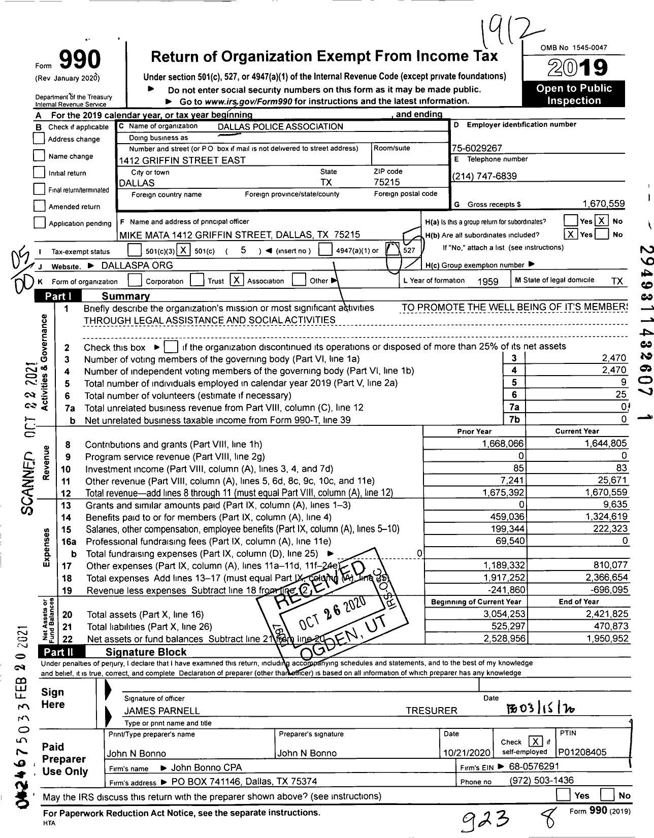 Image of first page of 2019 Form 990O for Dallas Police Association