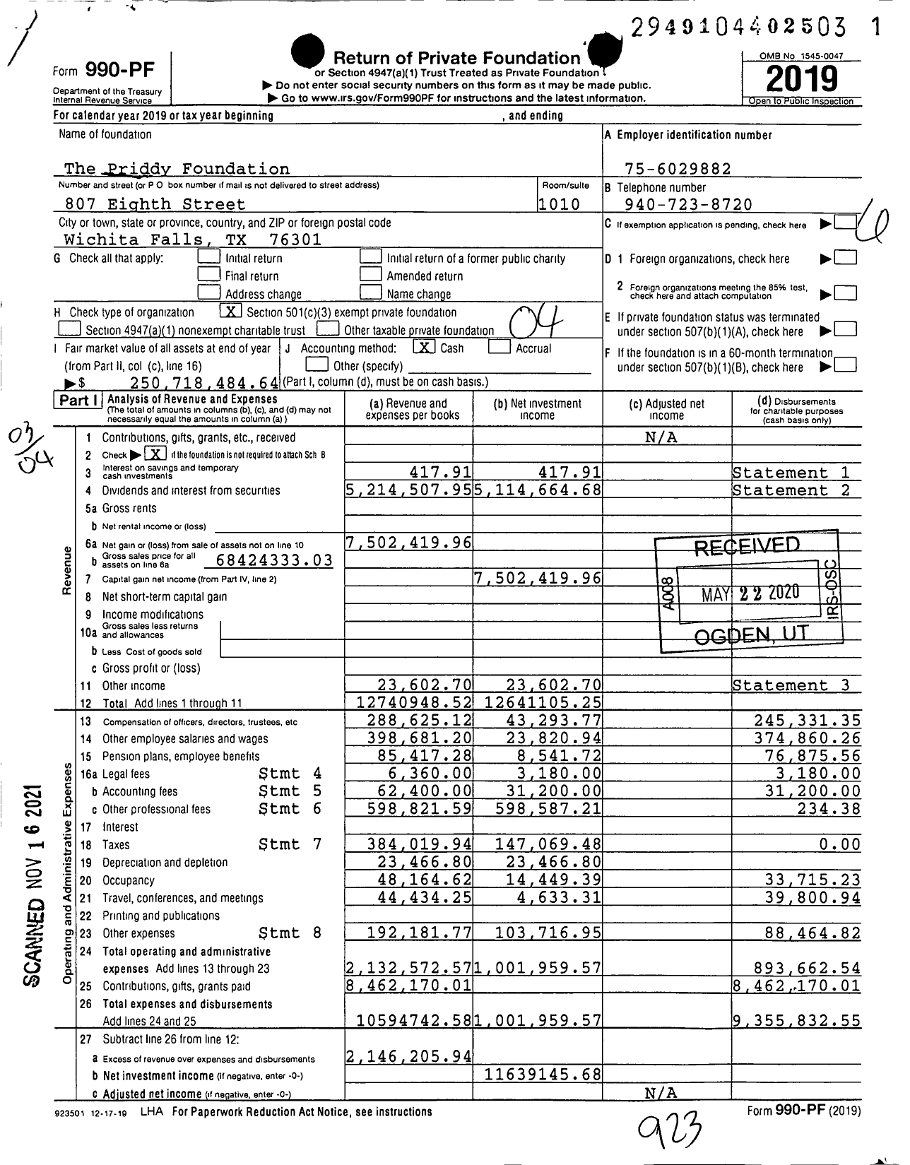 Image of first page of 2019 Form 990PF for The Priddy Foundation