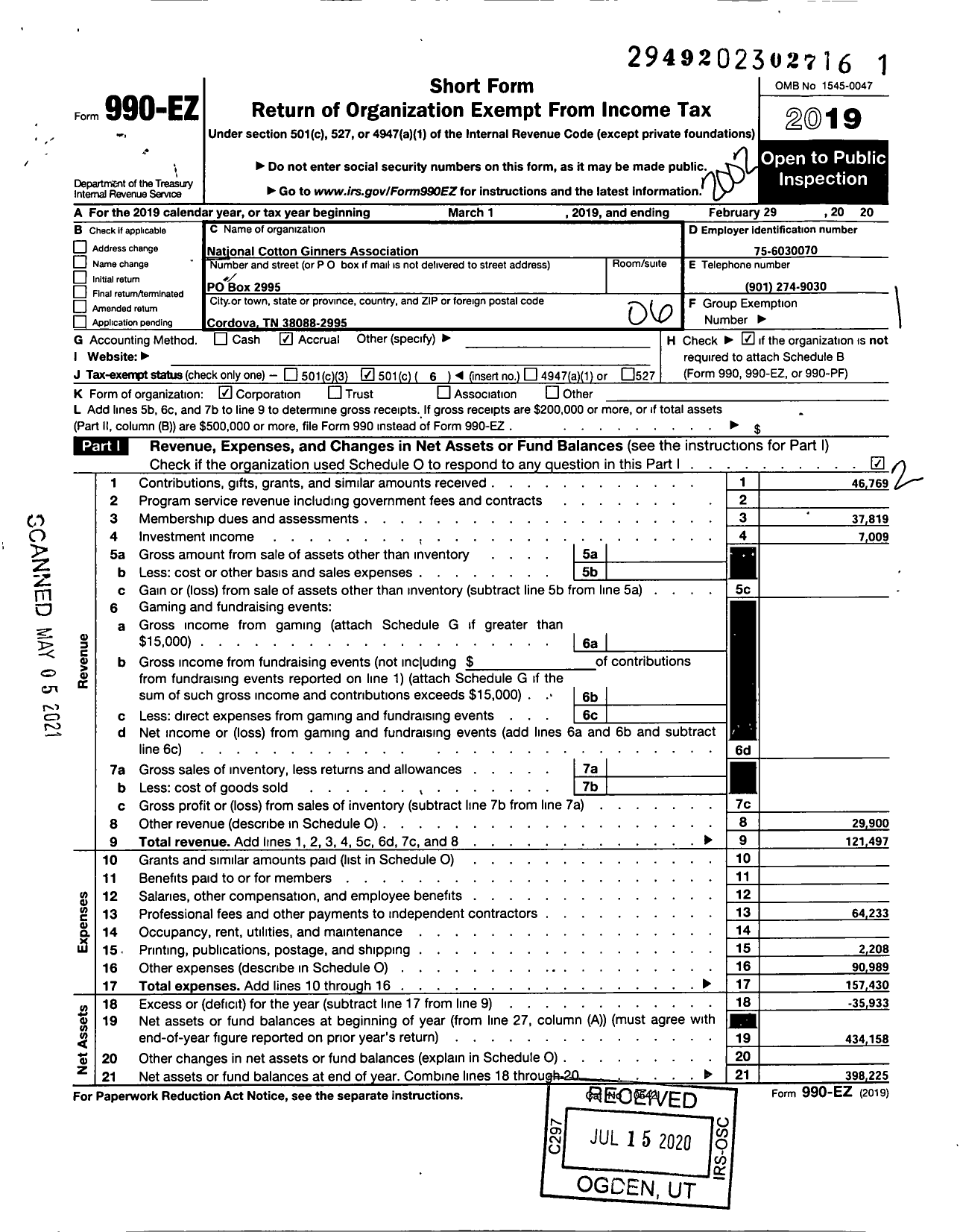 Image of first page of 2019 Form 990EO for National Cotton Ginners Association