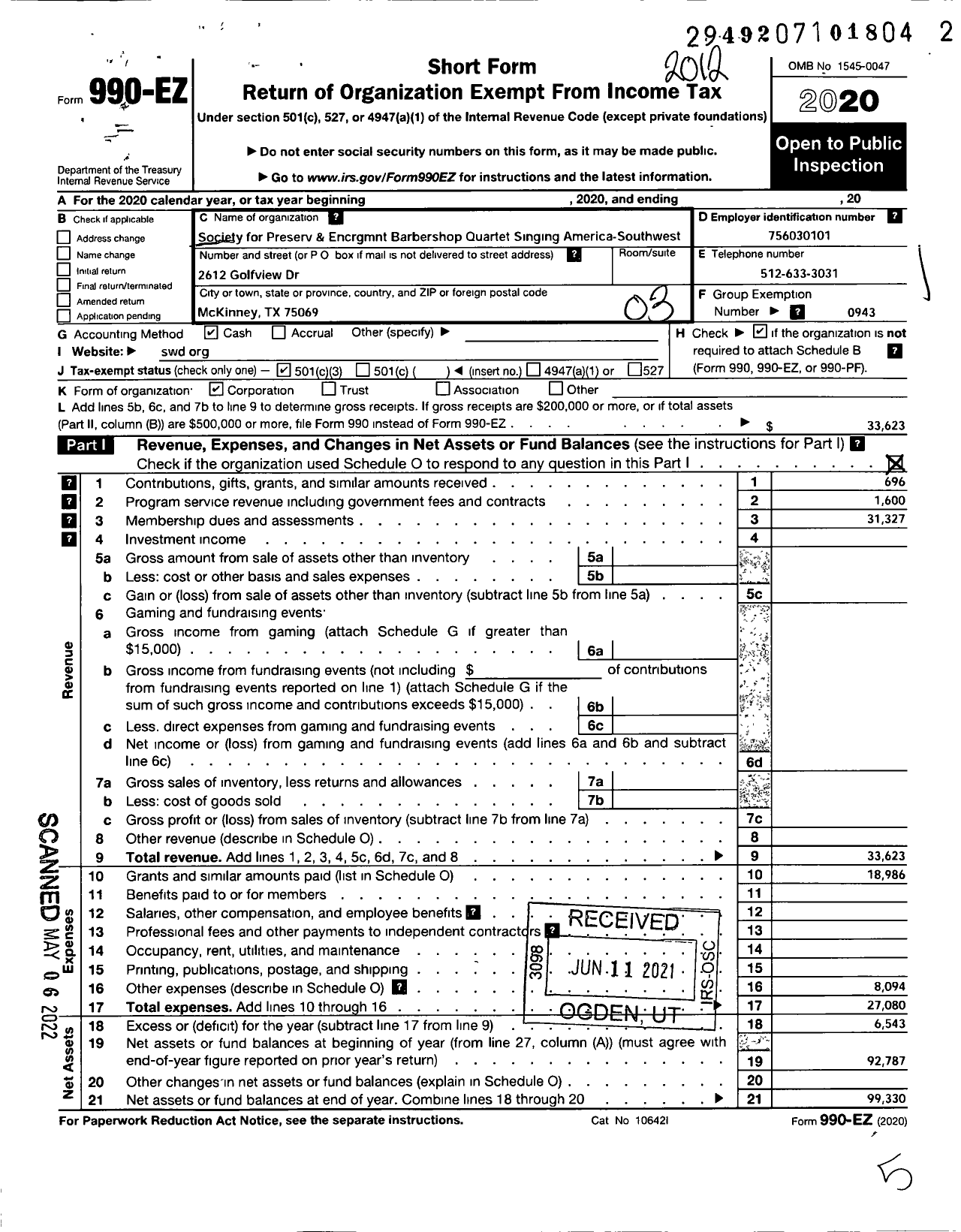 Image of first page of 2020 Form 990EZ for Barbershop Harmony Society - Southwest District