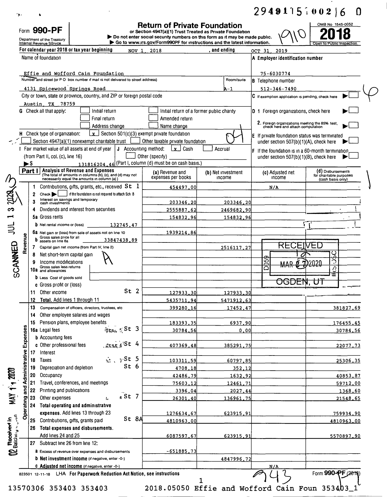 Image of first page of 2018 Form 990PR for Effie and Wofford Cain Foundation