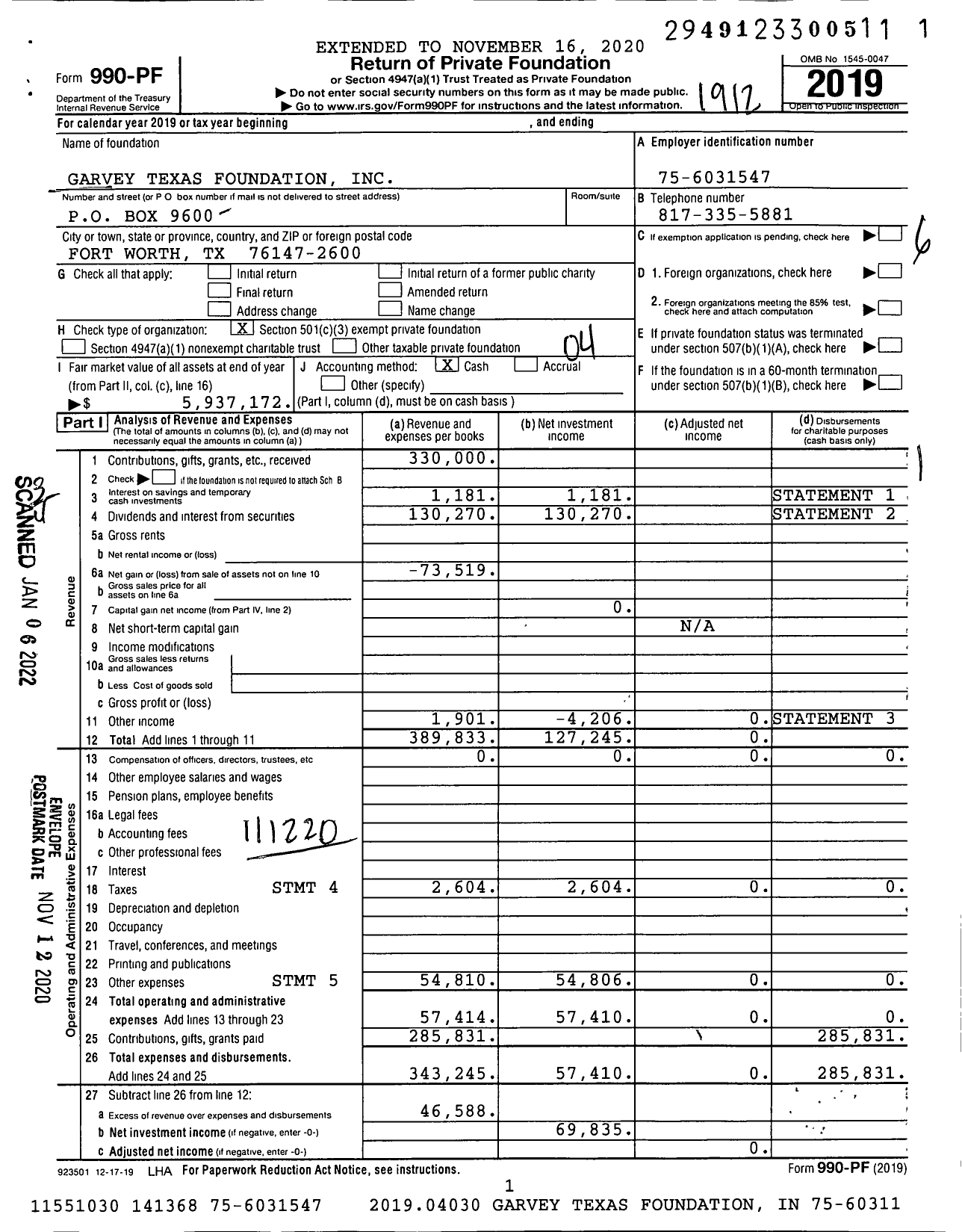 Image of first page of 2019 Form 990PF for Garvey Texas Foundation