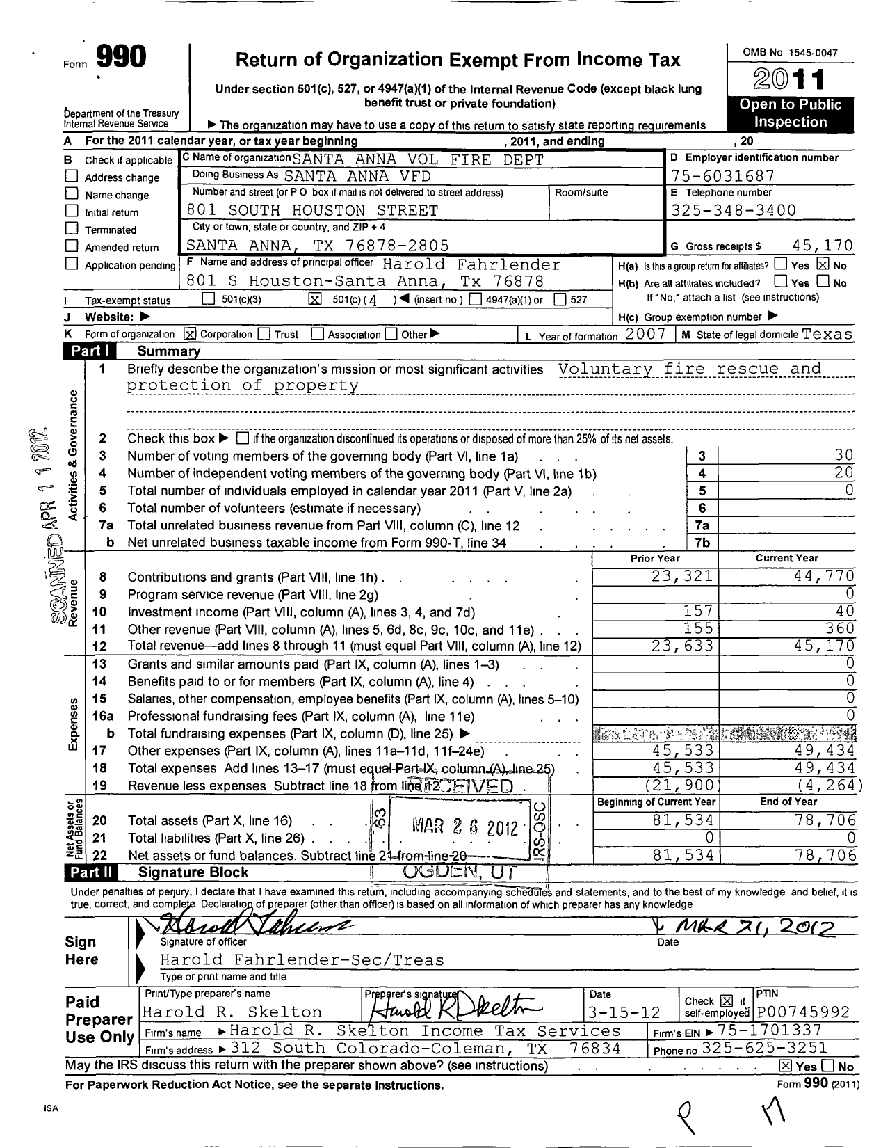 Image of first page of 2011 Form 990O for Santa Anna Volunteer Fire Department of Santa Anna