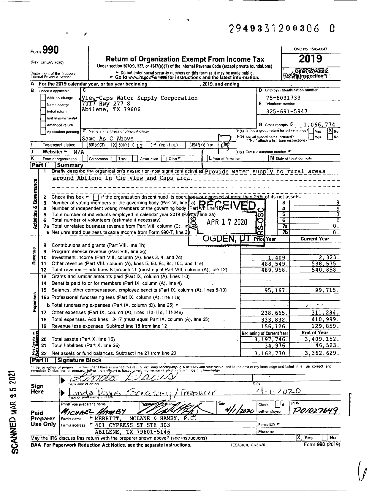 Image of first page of 2019 Form 990O for View-Caps Water Supply Corporation