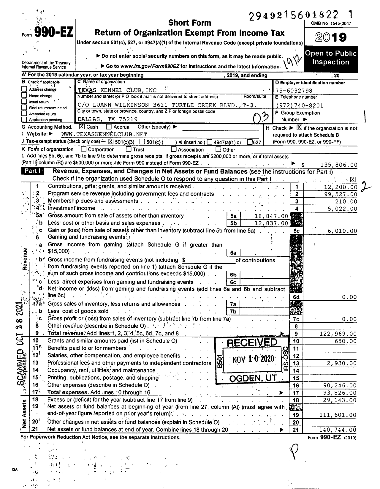 Image of first page of 2019 Form 990EZ for Texas Kennel Club