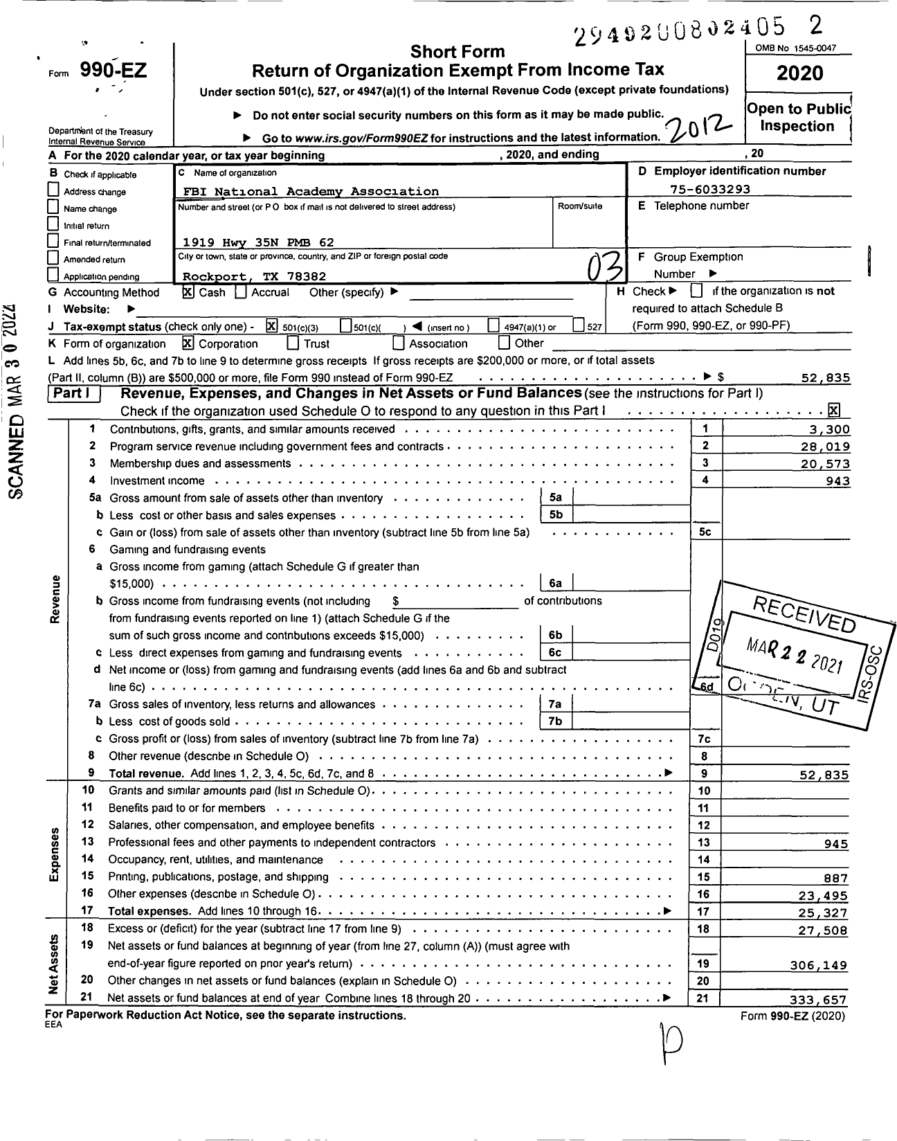 Image of first page of 2020 Form 990EZ for FBI National Academy Association TX Chapter