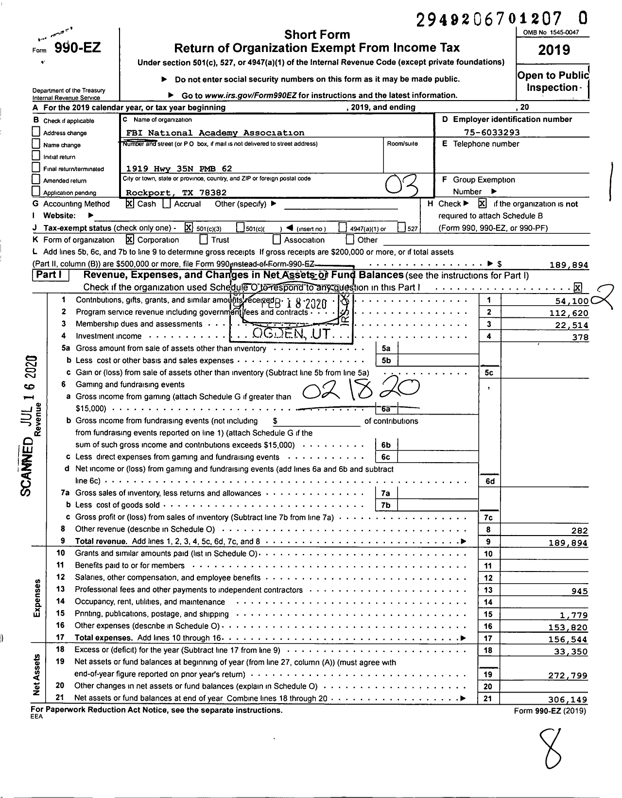 Image of first page of 2019 Form 990EZ for FBI National Academy Association TX Chapter