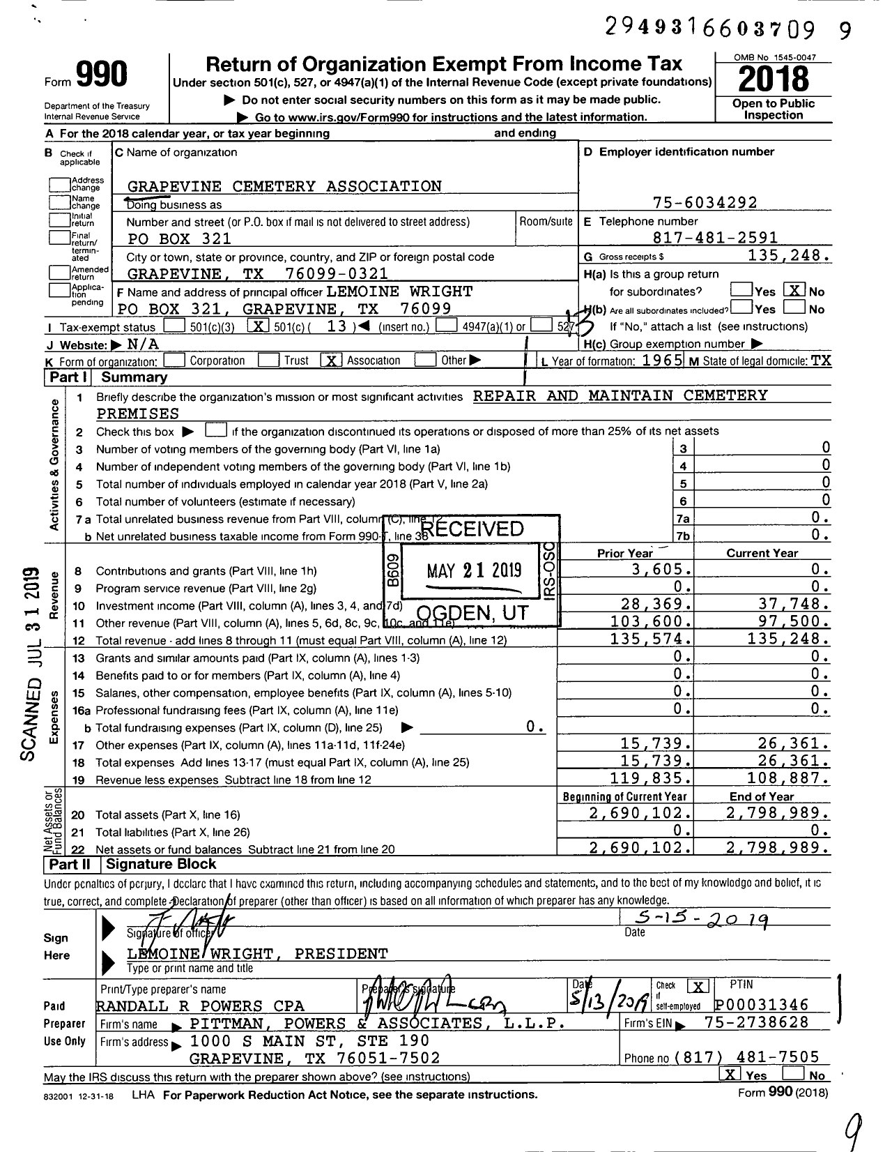 Image of first page of 2018 Form 990O for Grapevine Cemetery Association