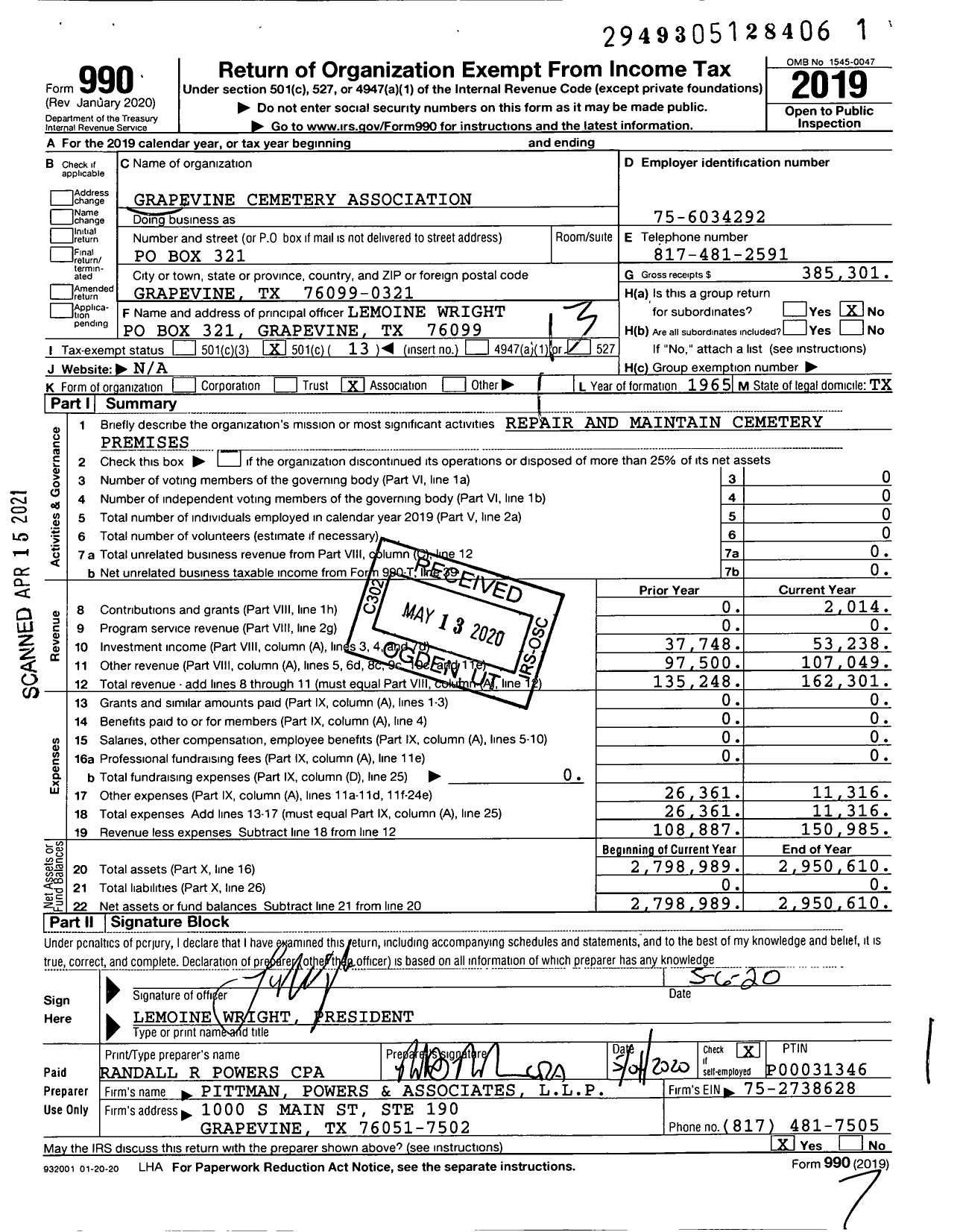 Image of first page of 2019 Form 990O for Grapevine Cemetery Association