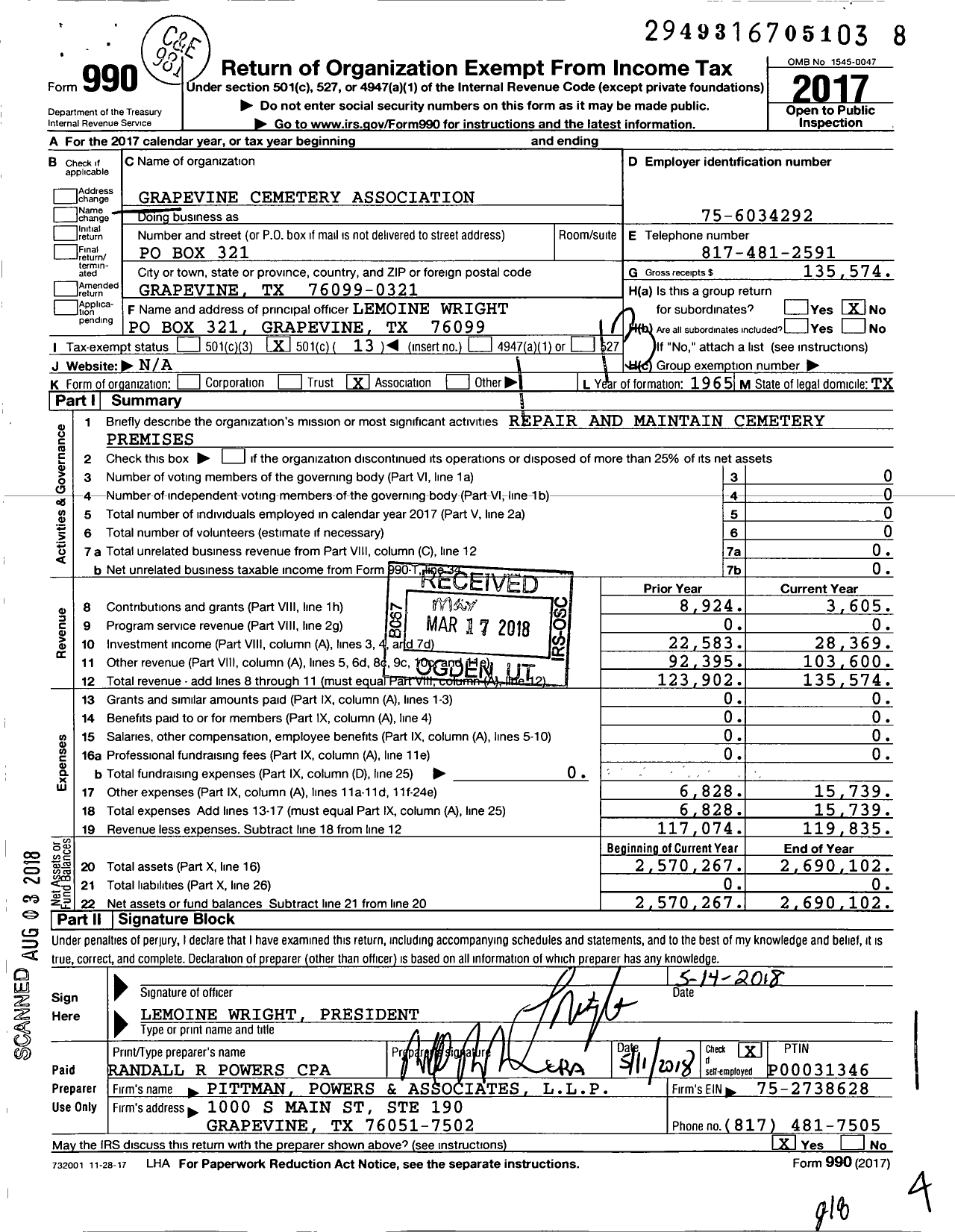 Image of first page of 2017 Form 990O for Grapevine Cemetery Association