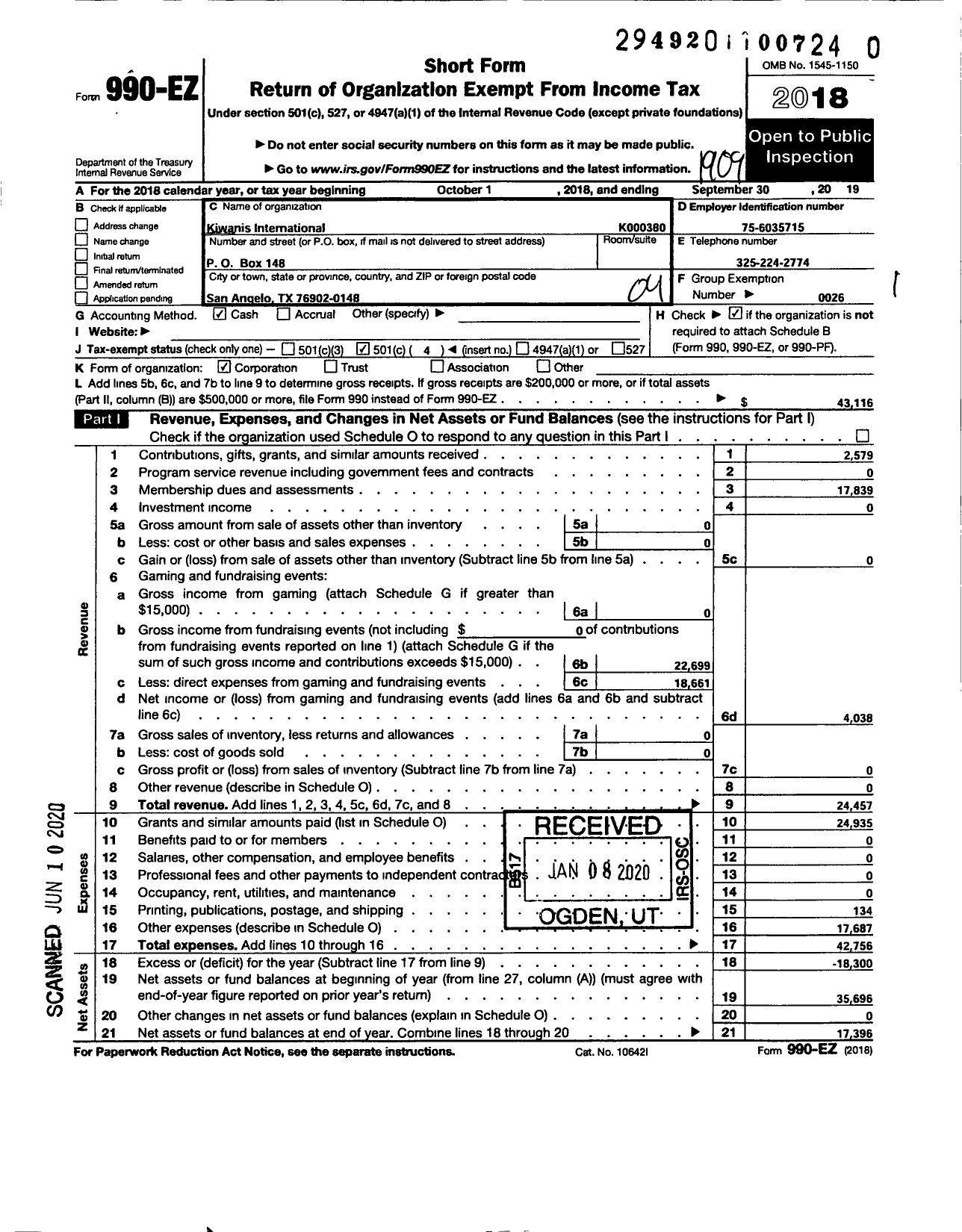 Image of first page of 2018 Form 990EO for Kiwanis International - K00380 San Angelo