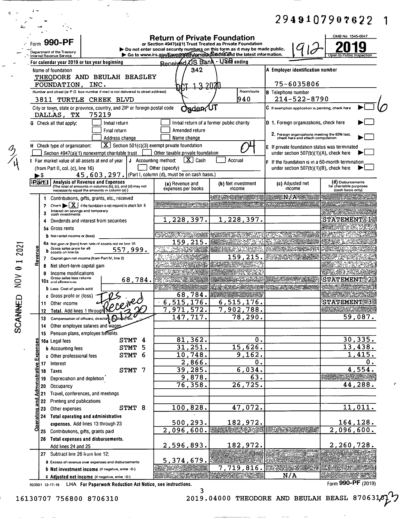 Image of first page of 2019 Form 990PF for Theodore and Beulah Beasley Foundation