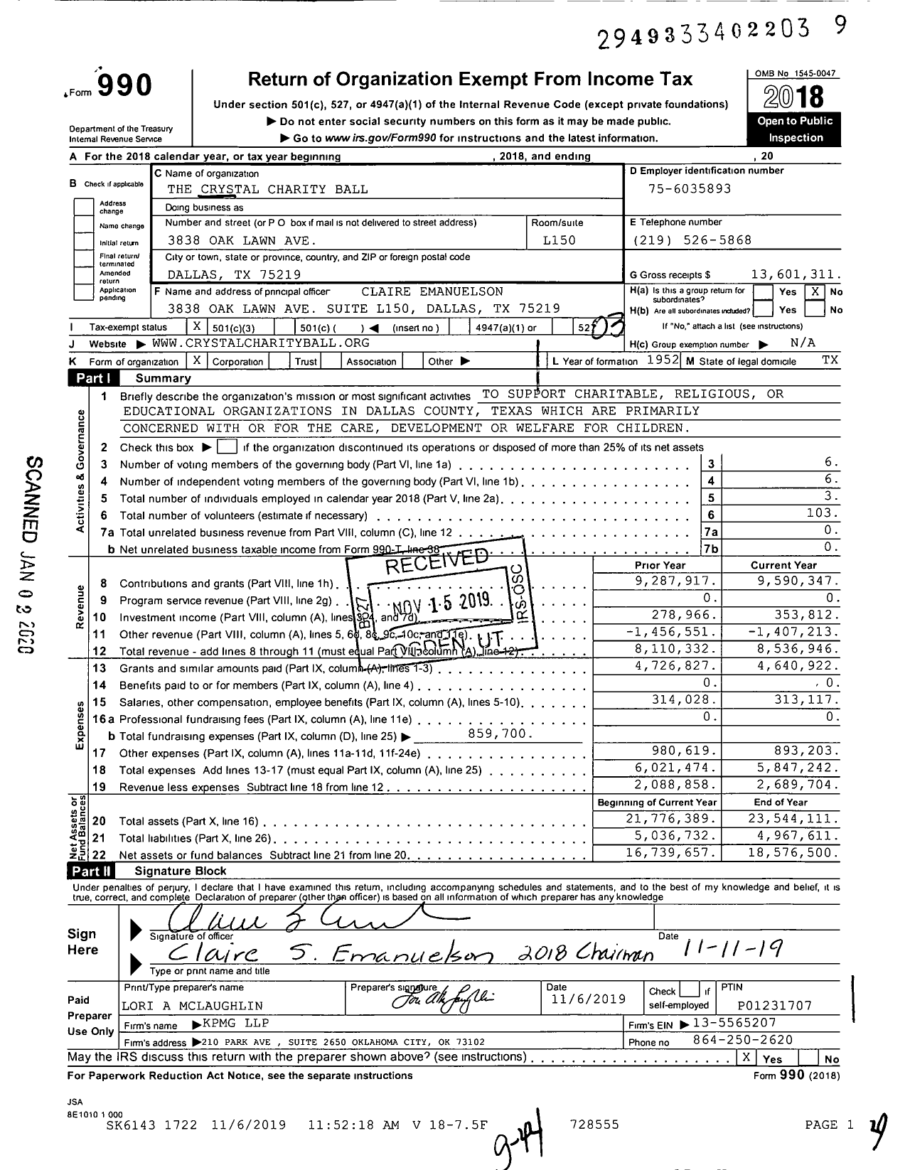 Image of first page of 2018 Form 990 for Crystal Charity Ball