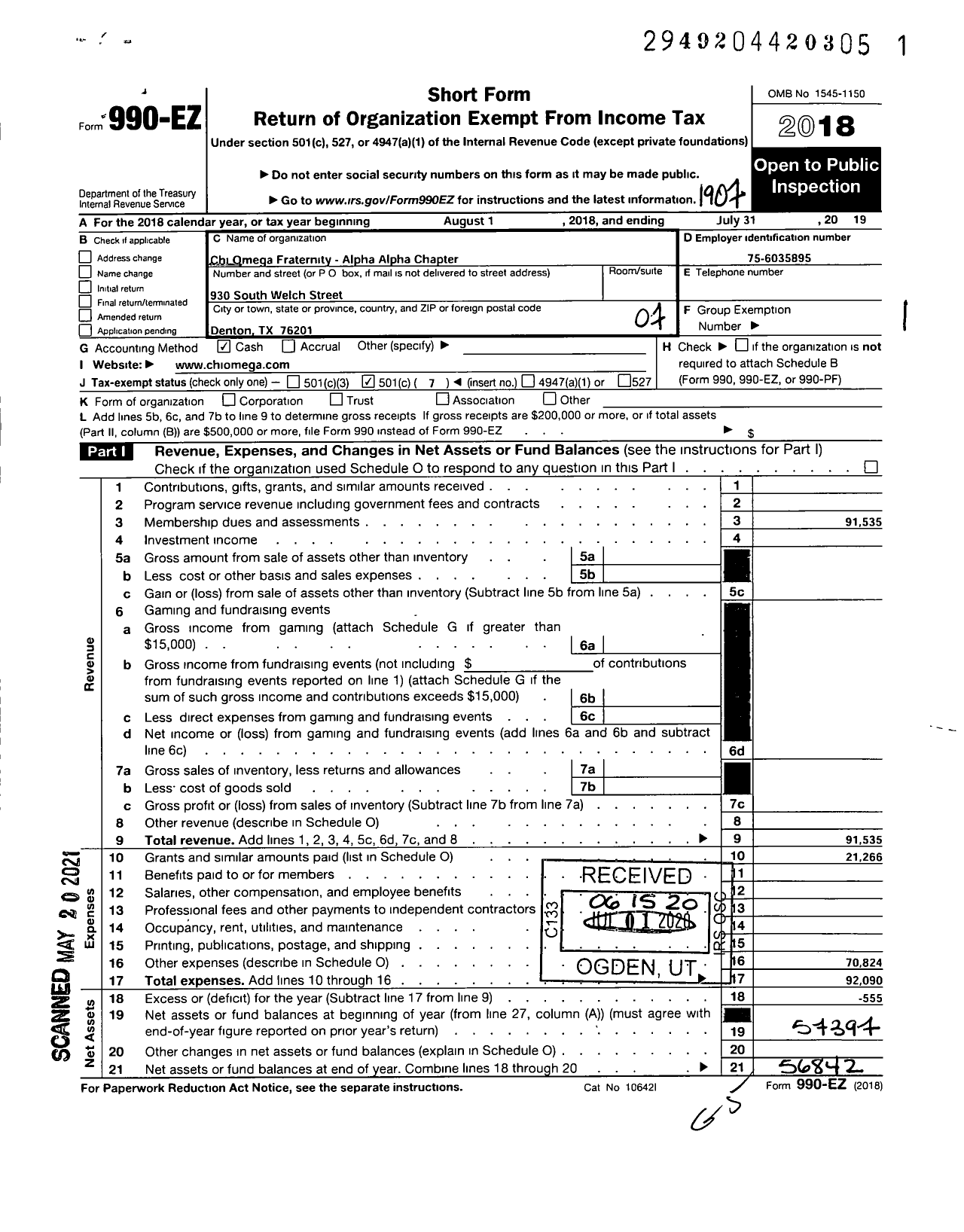 Image of first page of 2018 Form 990EO for Chi Omega Fraternity - Alpha Alpha Chapter