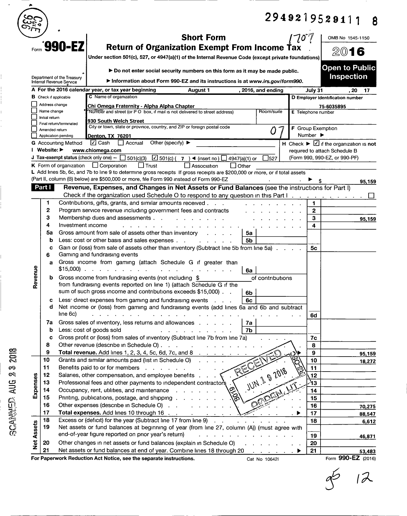 Image of first page of 2016 Form 990EO for Chi Omega Fraternity - Alpha Alpha Chapter