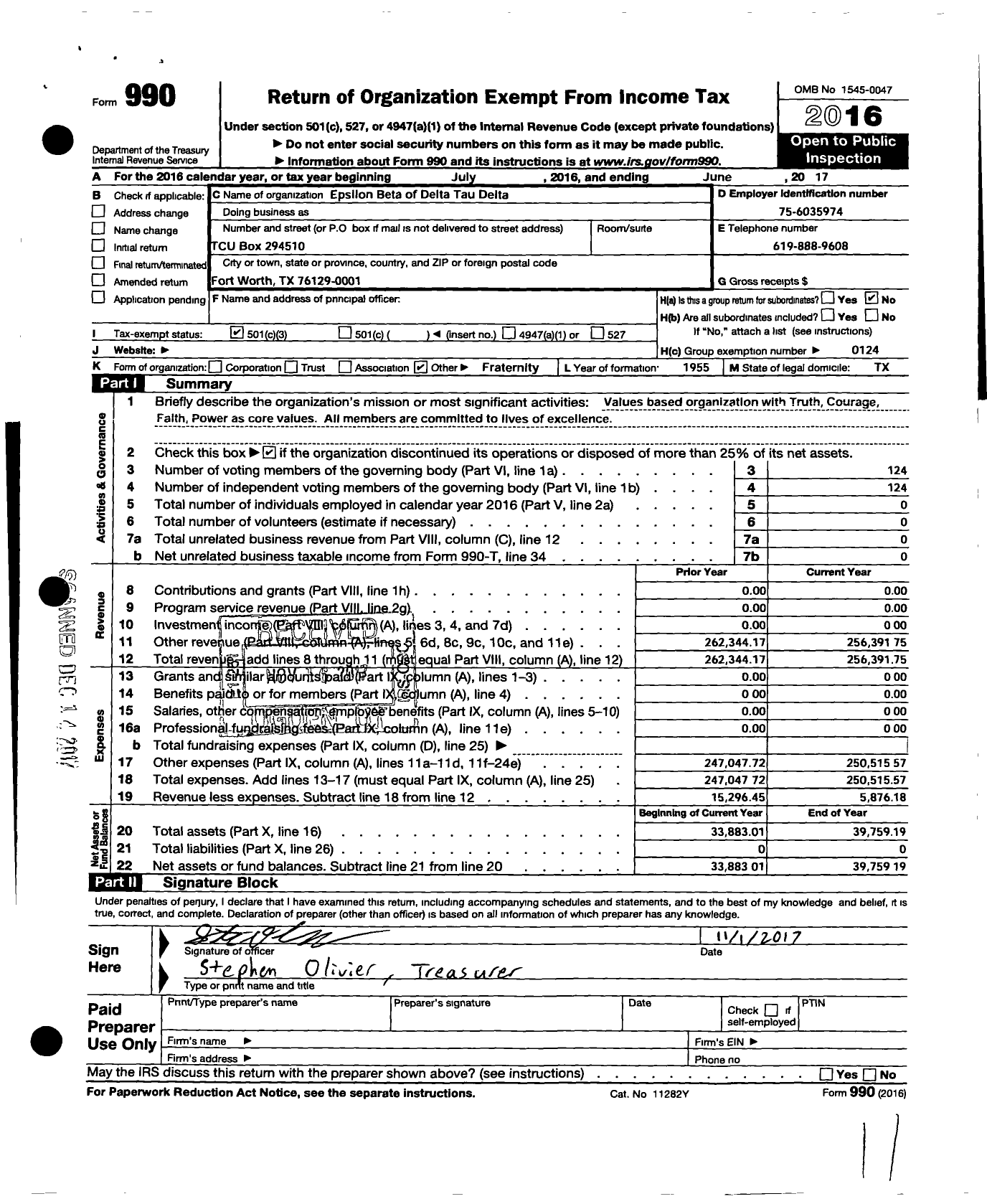 Image of first page of 2016 Form 990 for Delta Tau Delta Fraternity - Epsilon Beta Chapter