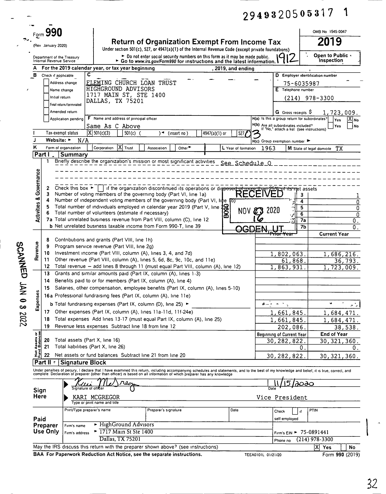Image of first page of 2019 Form 990 for Fleming Church Loan Trust Highground Advisors
