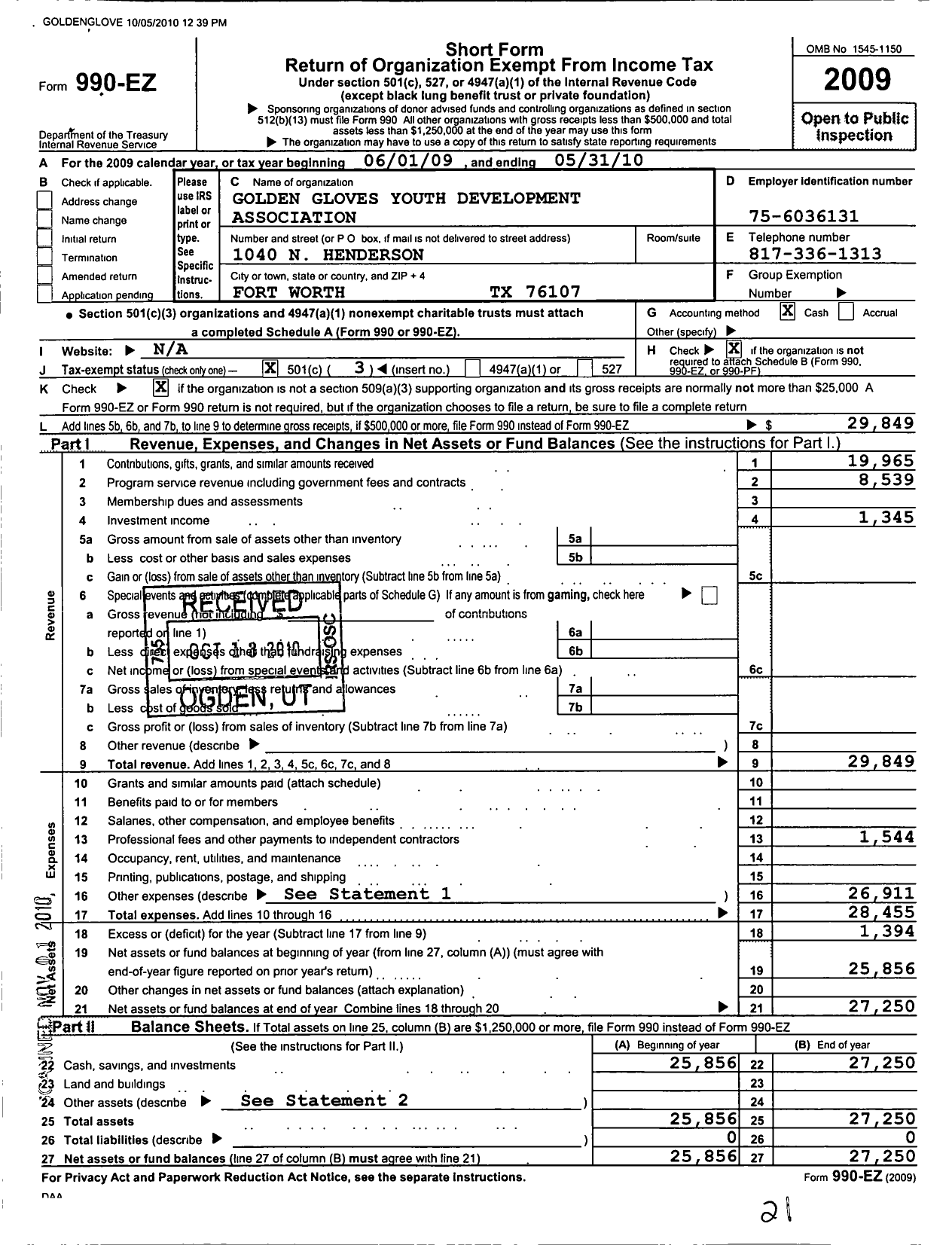 Image of first page of 2009 Form 990EZ for Golden Gloves Youth Development Association