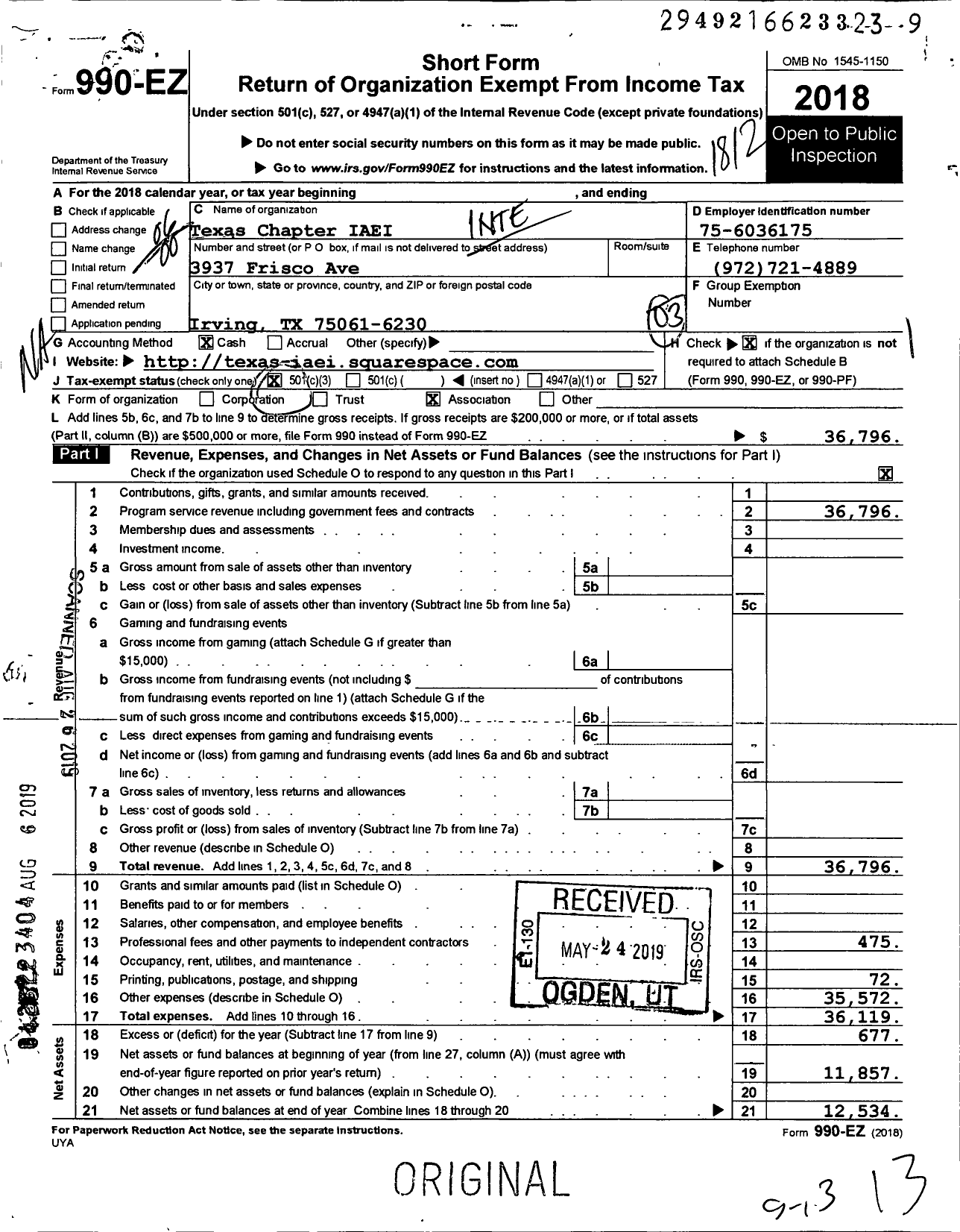 Image of first page of 2018 Form 990EO for International Association of Electrical Inspectors - 5800 Texas