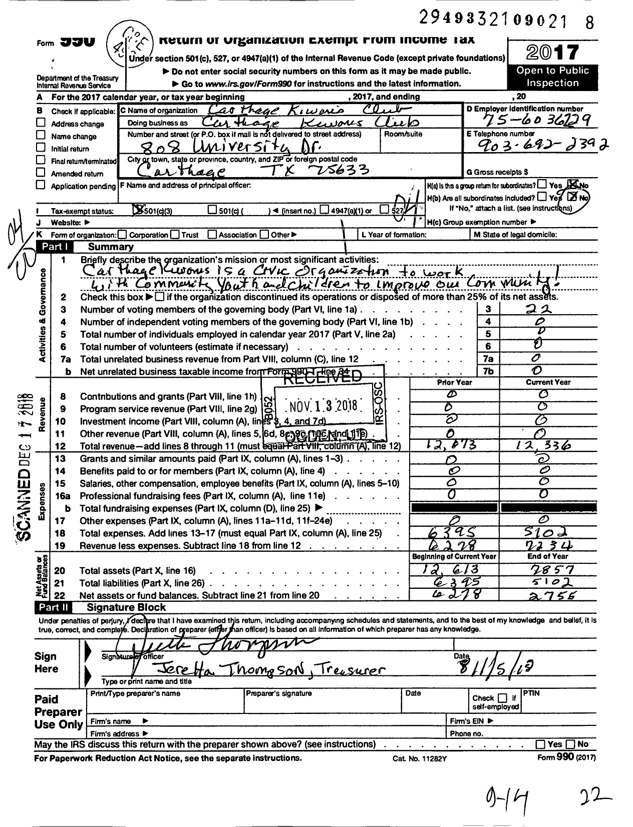 Image of first page of 2017 Form 990O for Carthage Kiwanis Club