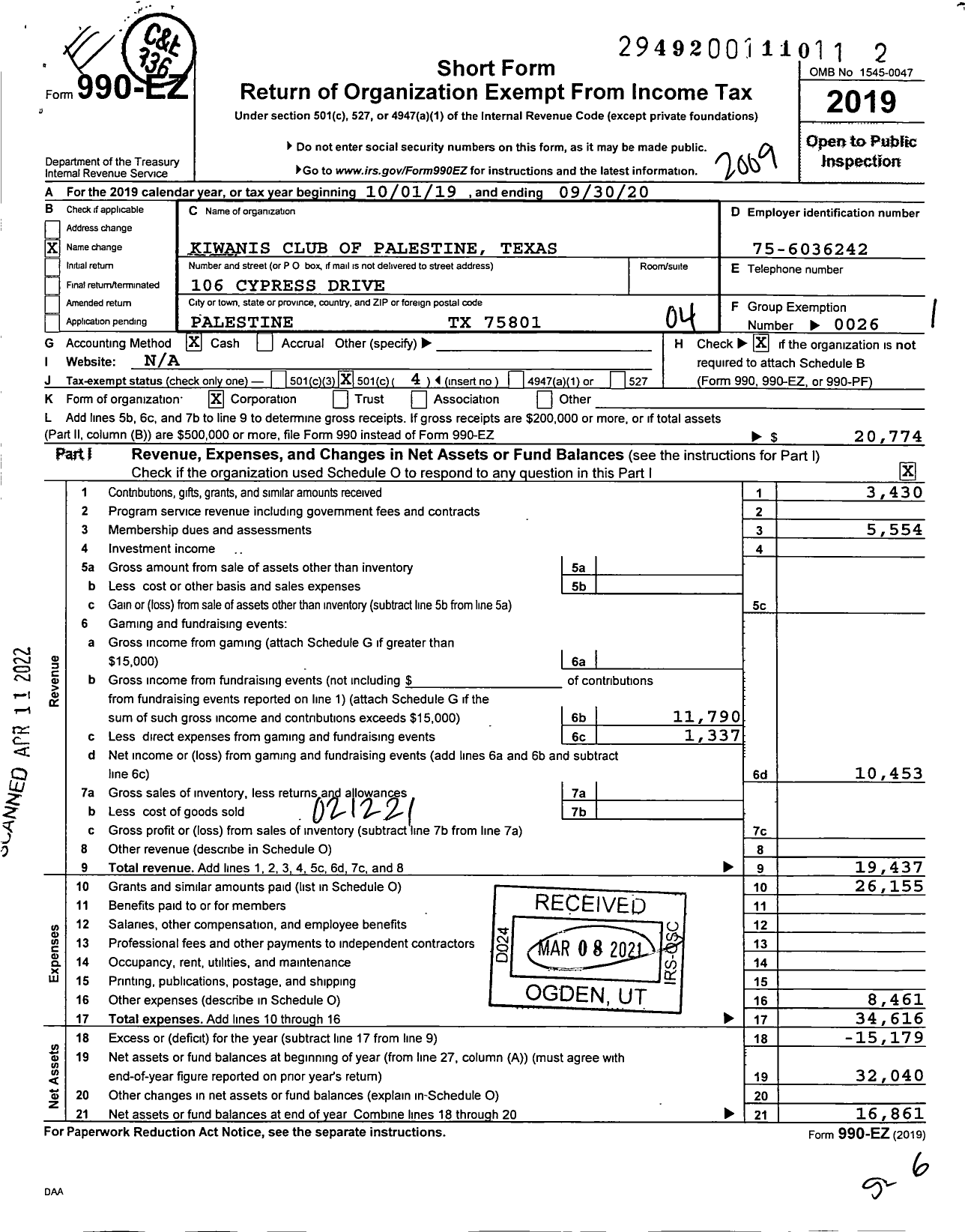 Image of first page of 2019 Form 990EO for Kiwanis International - Kiwanis Club of Palestine Texas