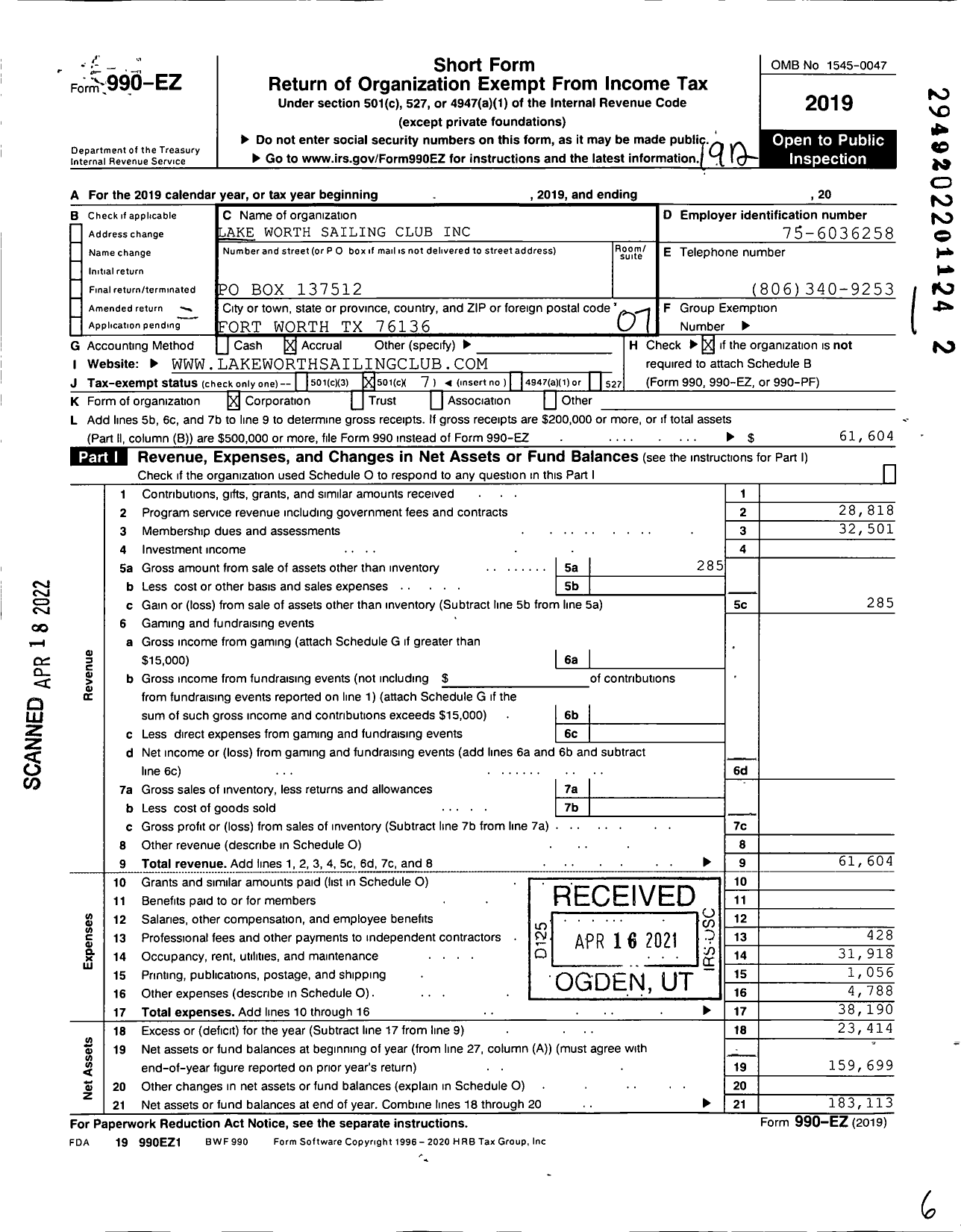 Image of first page of 2019 Form 990EO for Lake Worth Sailing Club