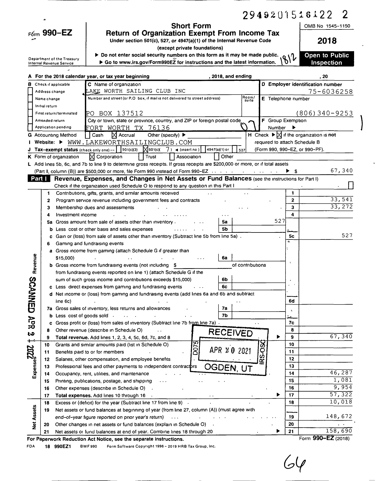 Image of first page of 2018 Form 990EO for Lake Worth Sailing Club