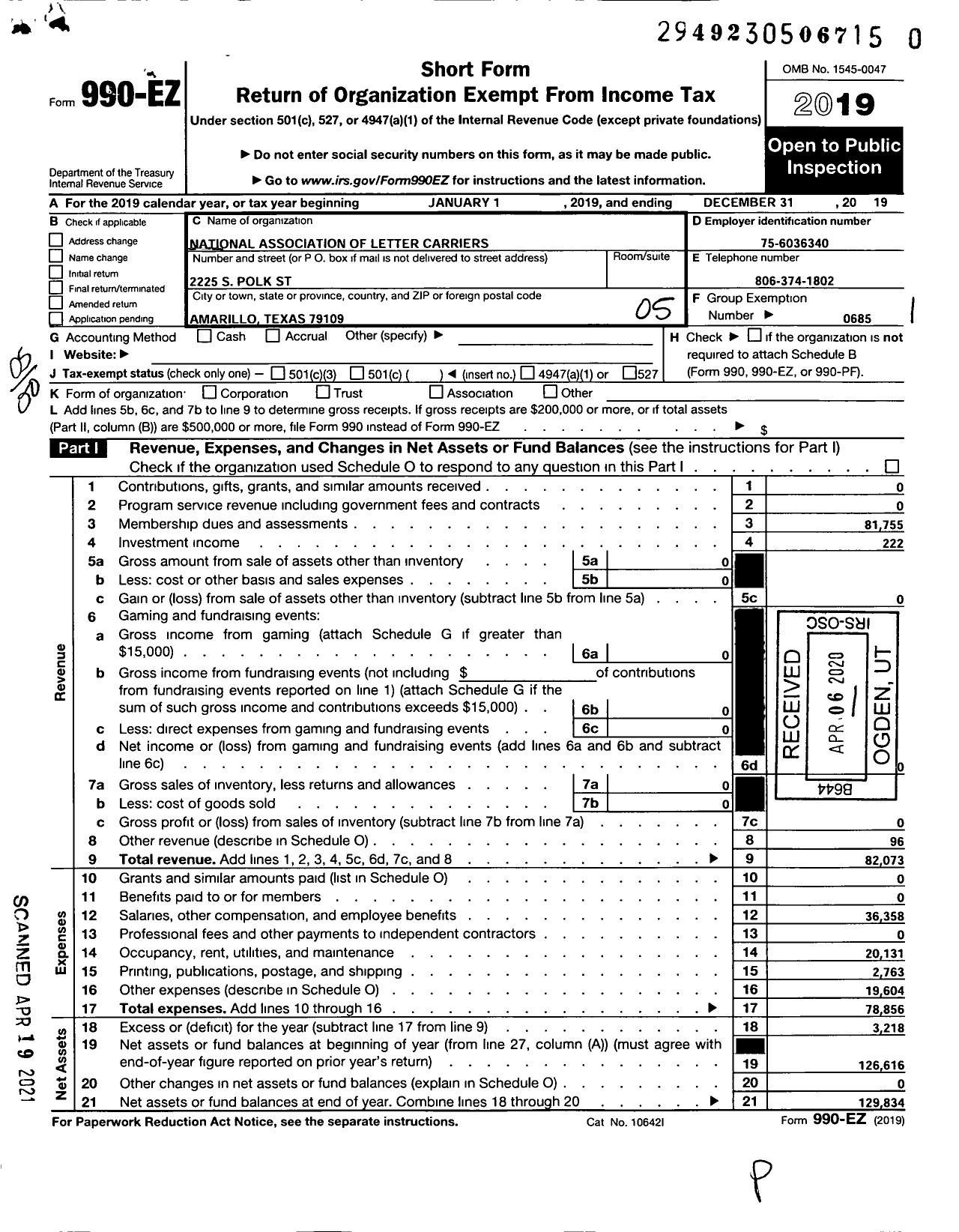 Image of first page of 2019 Form 990EO for National Association of Letter Carriers - 1037 Amarillo Texas