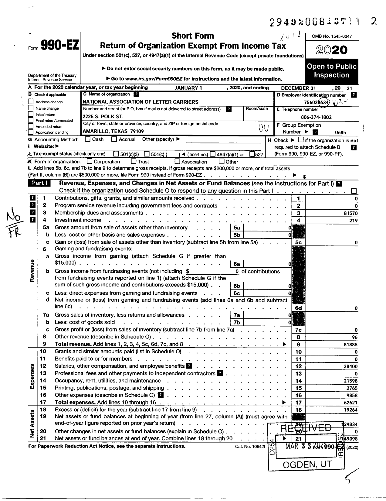 Image of first page of 2020 Form 990EO for National Association of Letter Carriers - 1037 Amarillo Texas