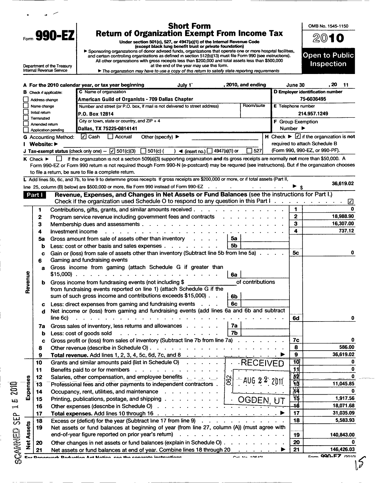 Image of first page of 2010 Form 990EZ for American Guild of Organists - 709 Dallas Chapter