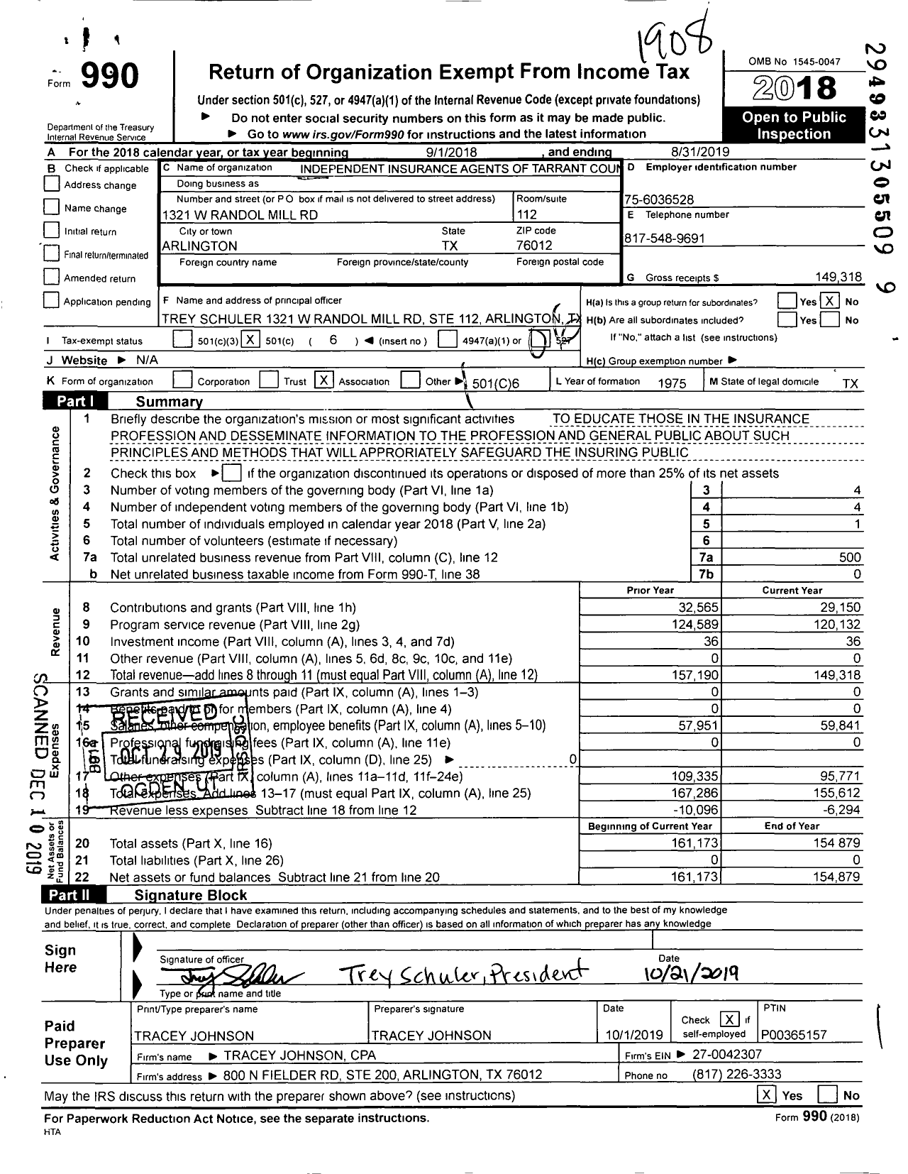 Image of first page of 2018 Form 990O for Independent Insurance Agents of Tarrant County