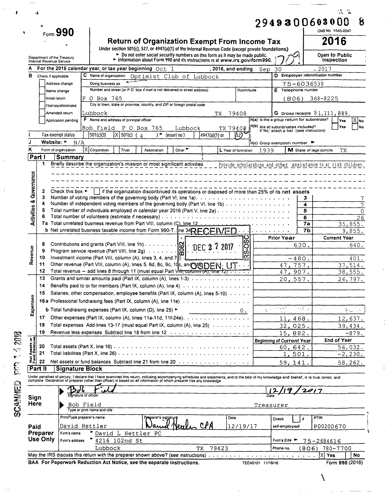 Image of first page of 2016 Form 990O for Optimist International - 38265 Optimist Club of Lubbock TX