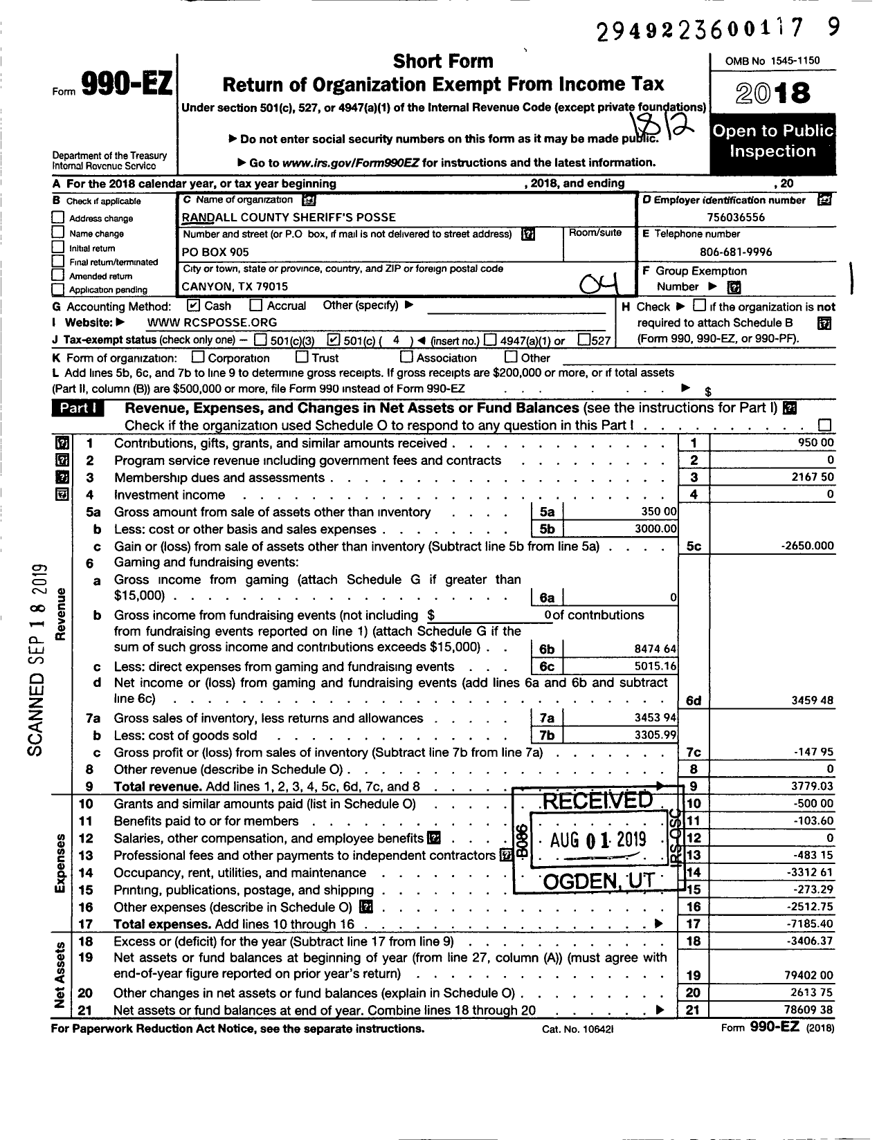 Image of first page of 2018 Form 990EO for Randall County Sheriffs Posse