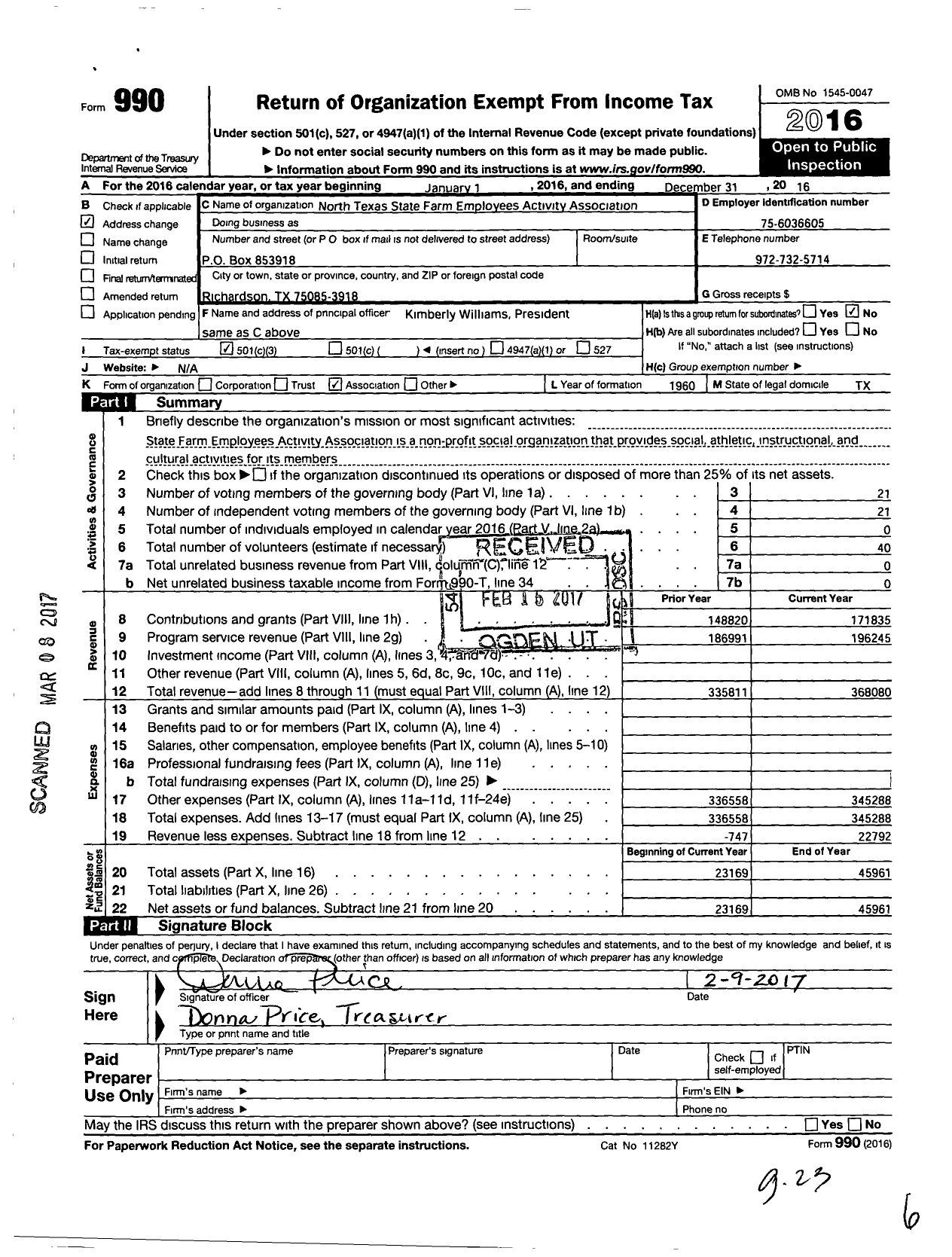 Image of first page of 2016 Form 990 for North Texas State Farm Employees Activities Association