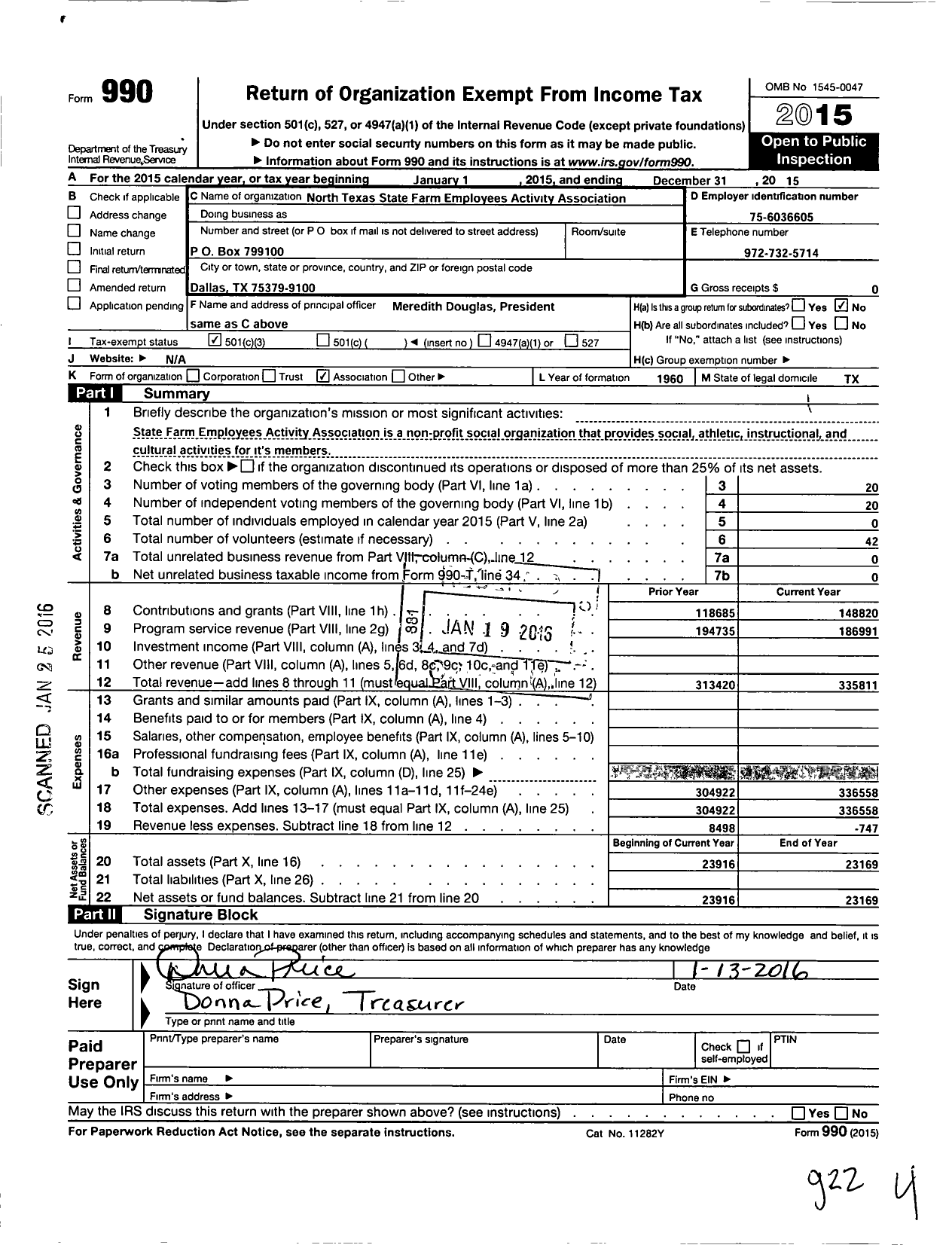 Image of first page of 2015 Form 990 for North Texas State Farm Employees Activities Association